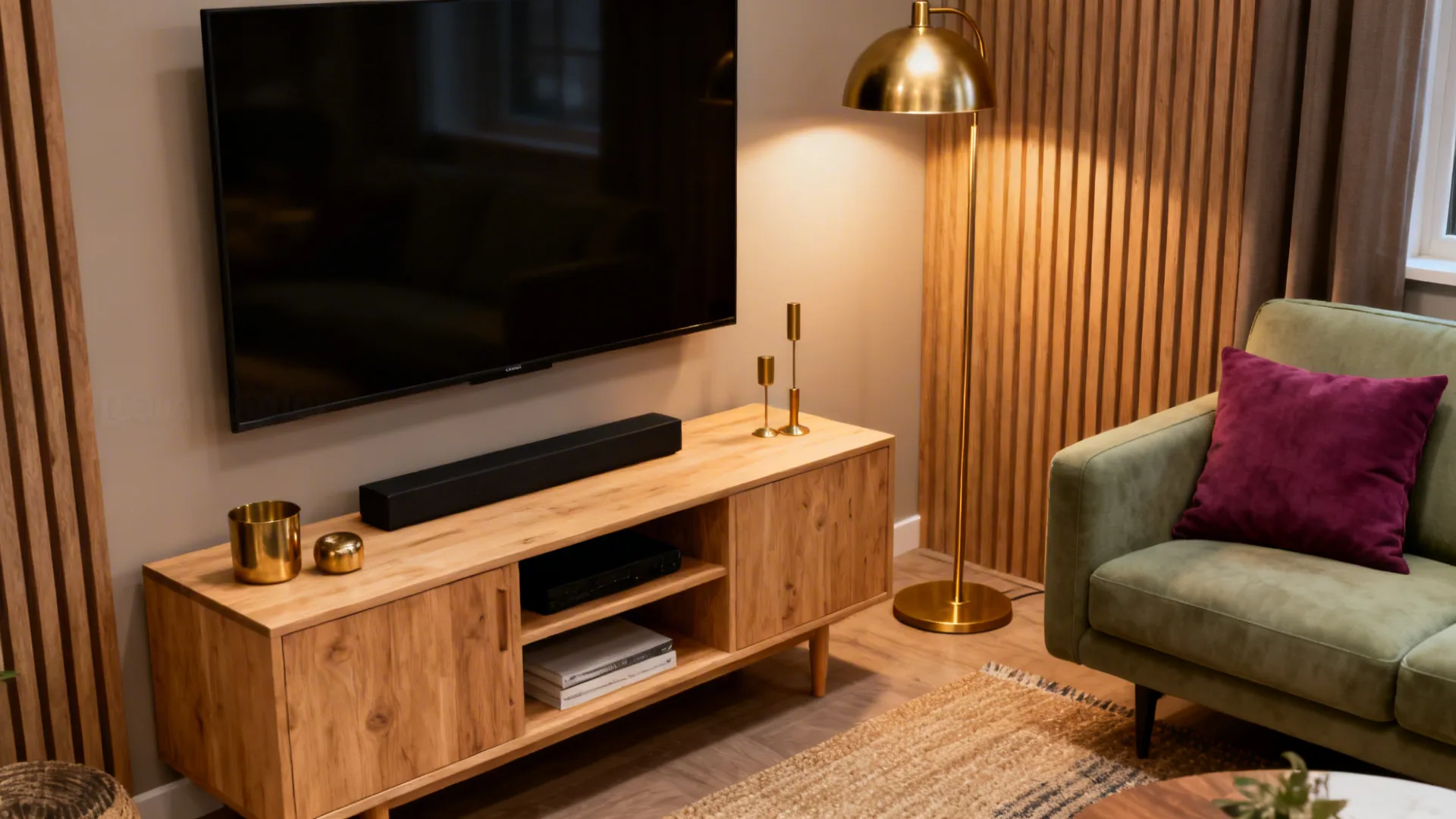 Modern living room with wooden cabinet, black television, gold floor lamp, green sofa, and rug