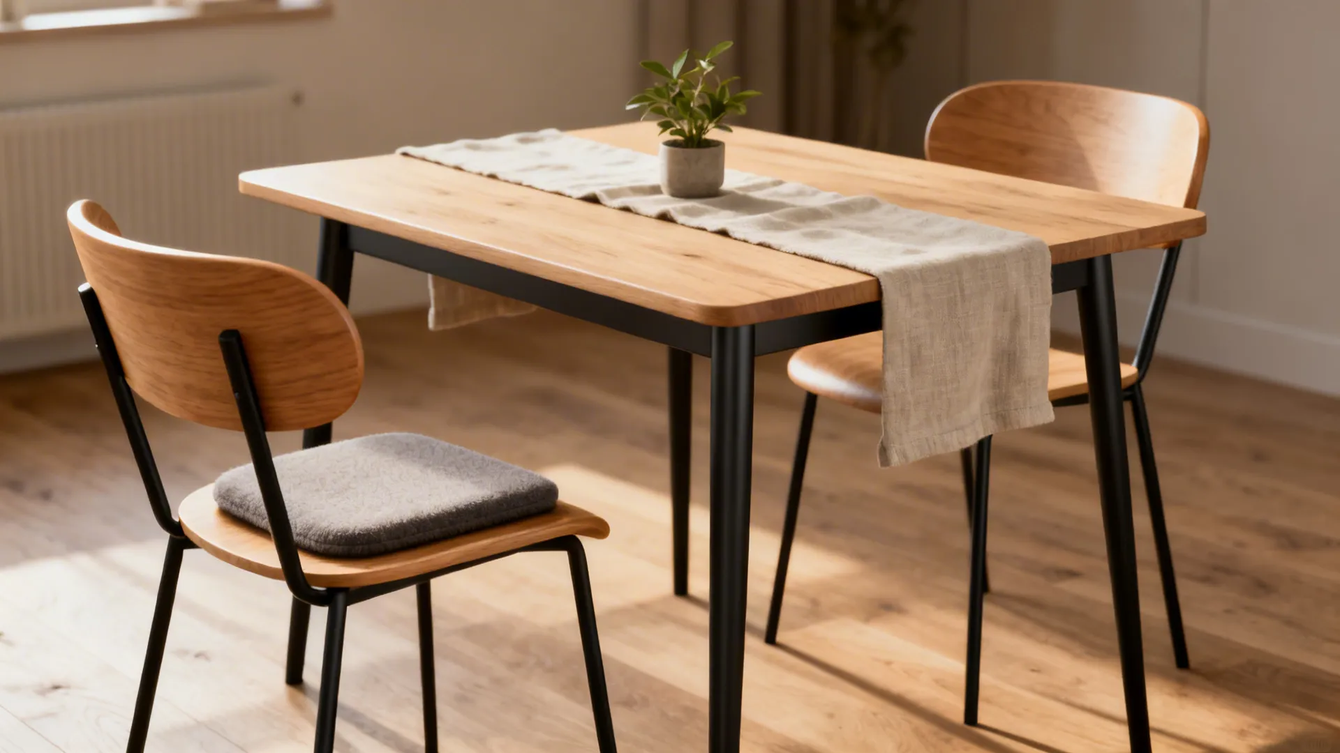 Wooden dining table with black metal legs and two matching chairs in a bright room