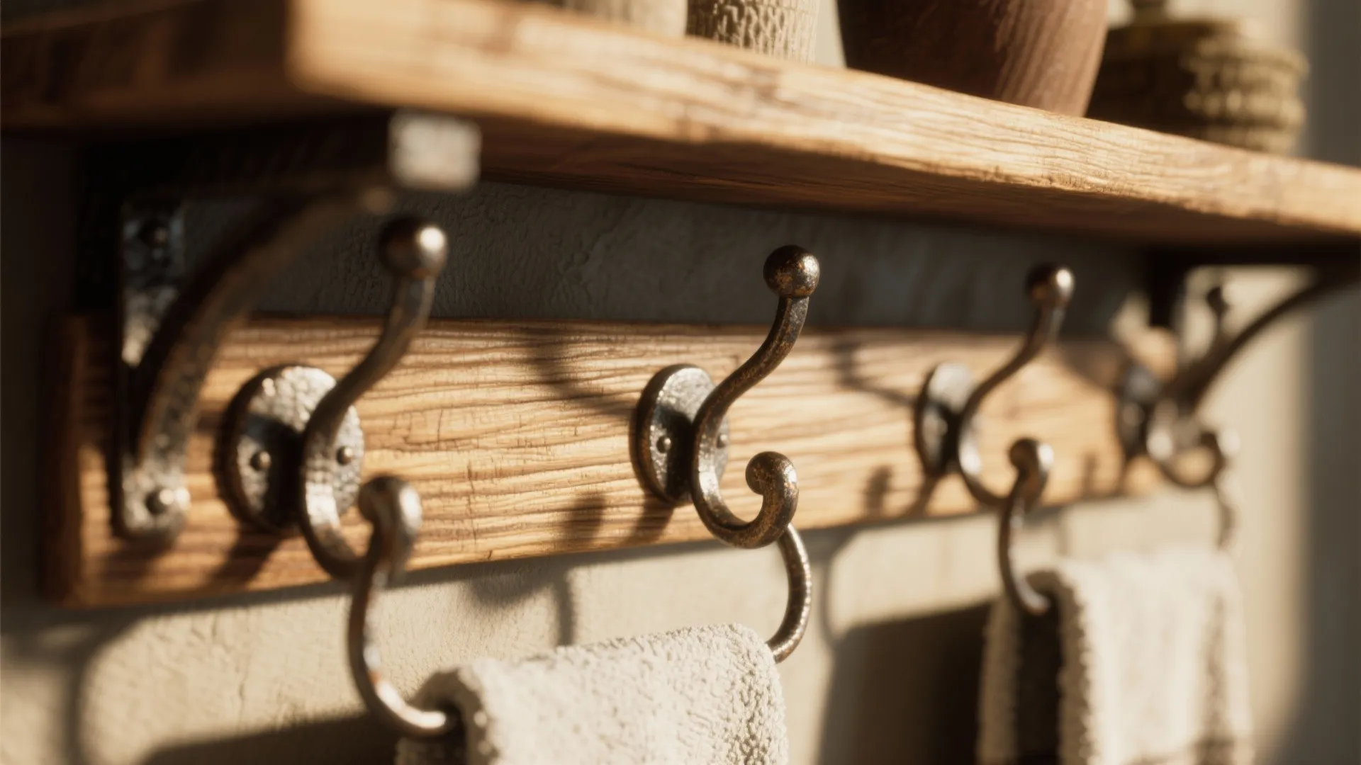 Rustic wooden shelf paired with wrought iron hooks
