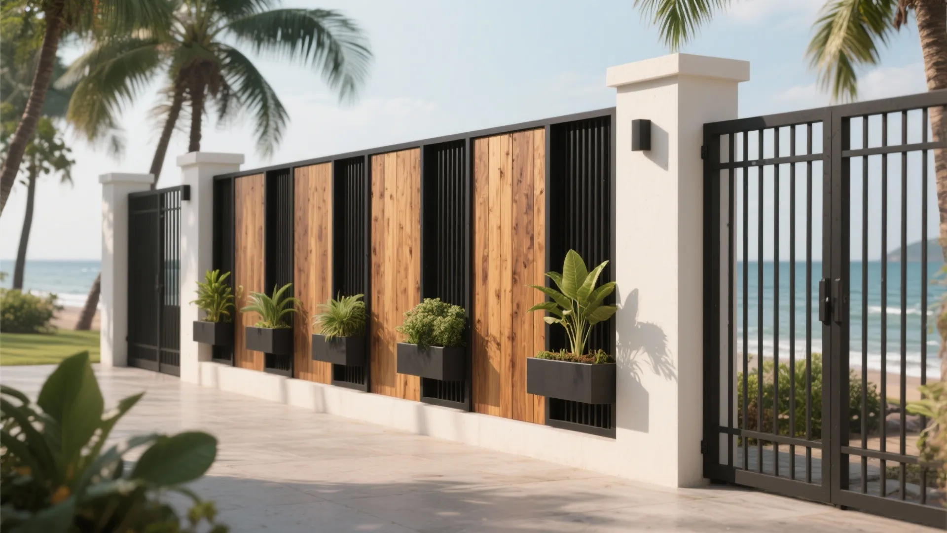 Modern exterior wall with wood panels and black metal frame featuring hanging small potted plants