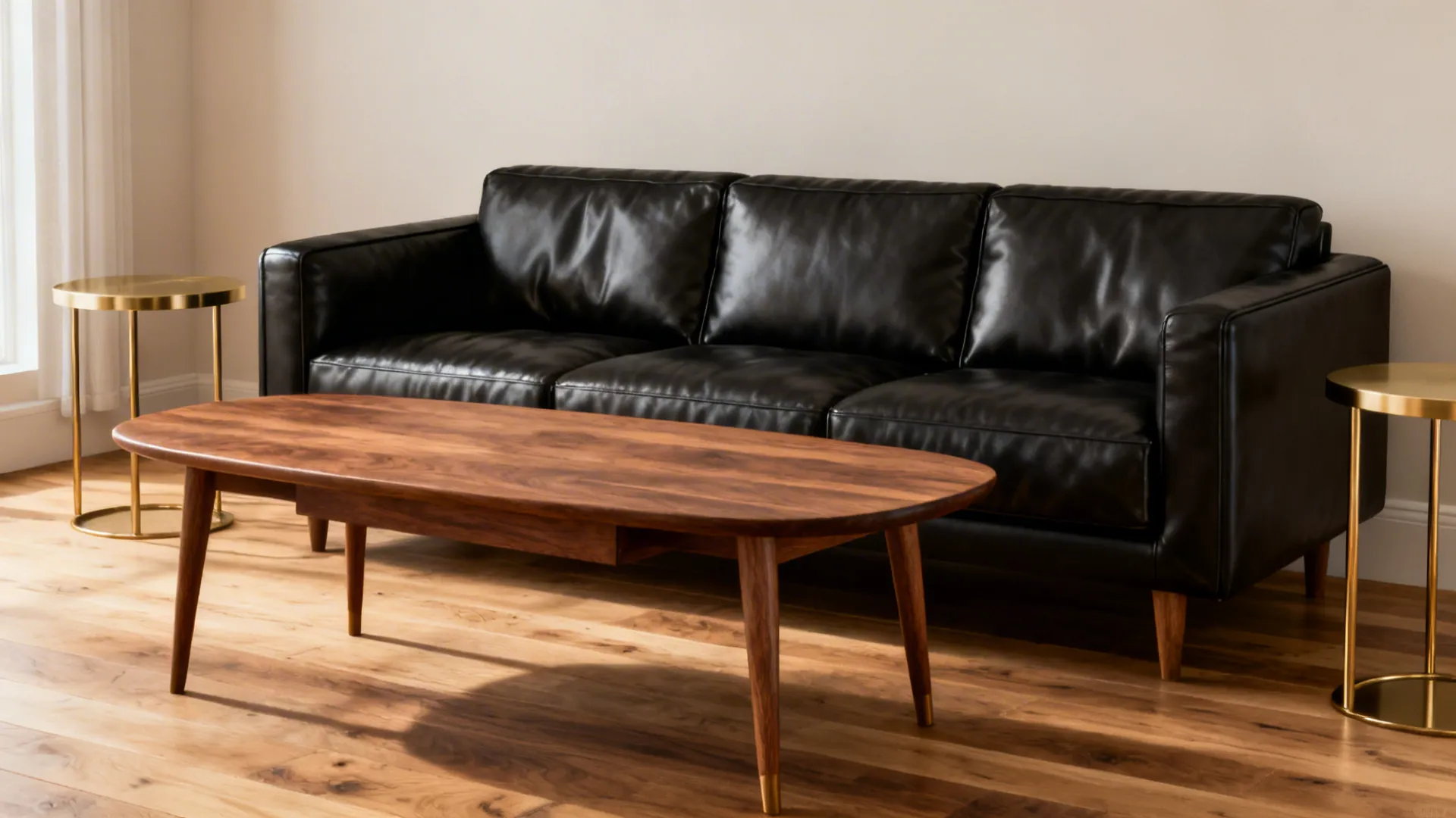 Black leather sofa with a walnut coffee table and brass side tables for warm contrast.