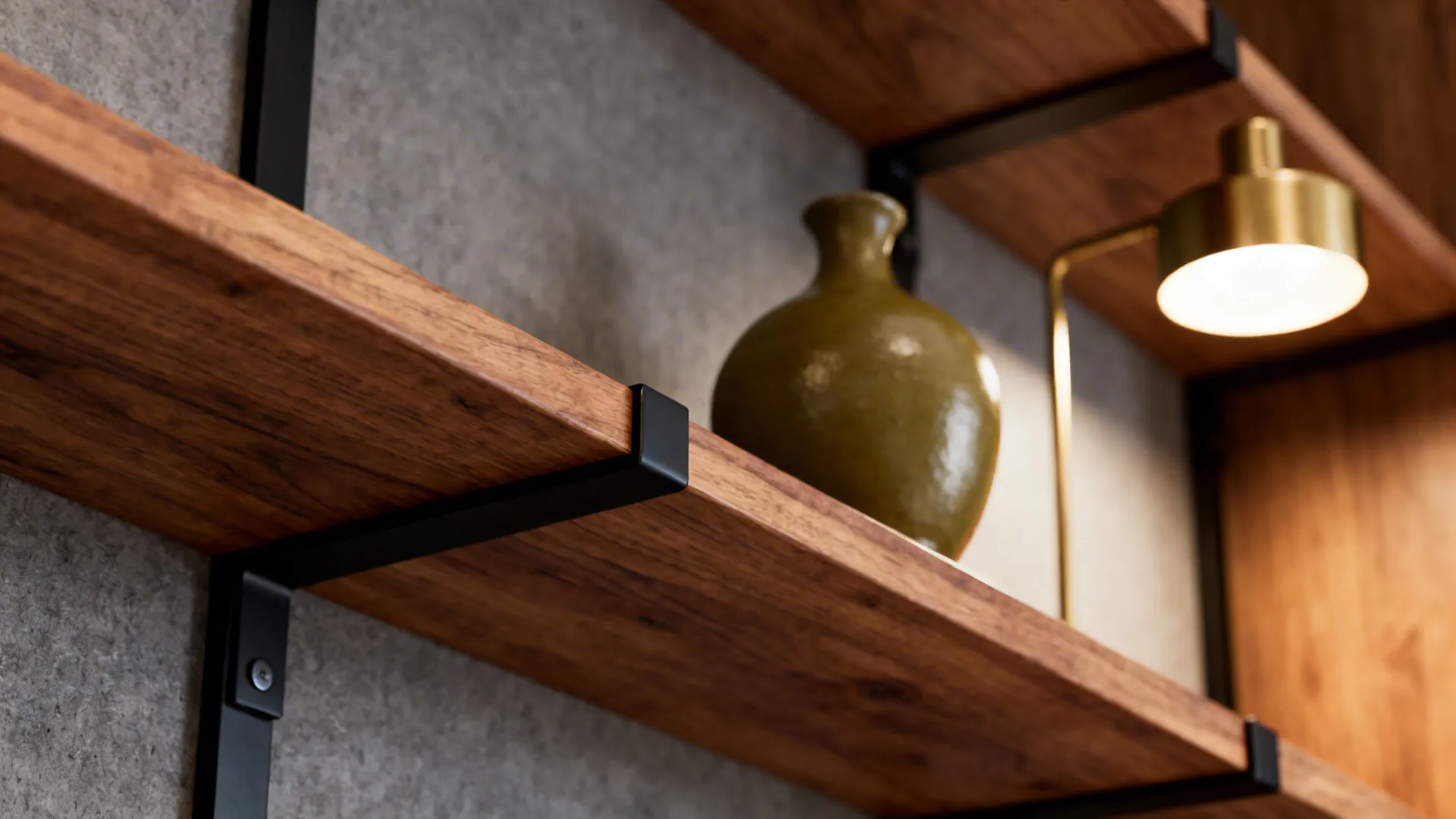 Oak shelving with matte black brackets and a modest brass fixture against a grey wall.