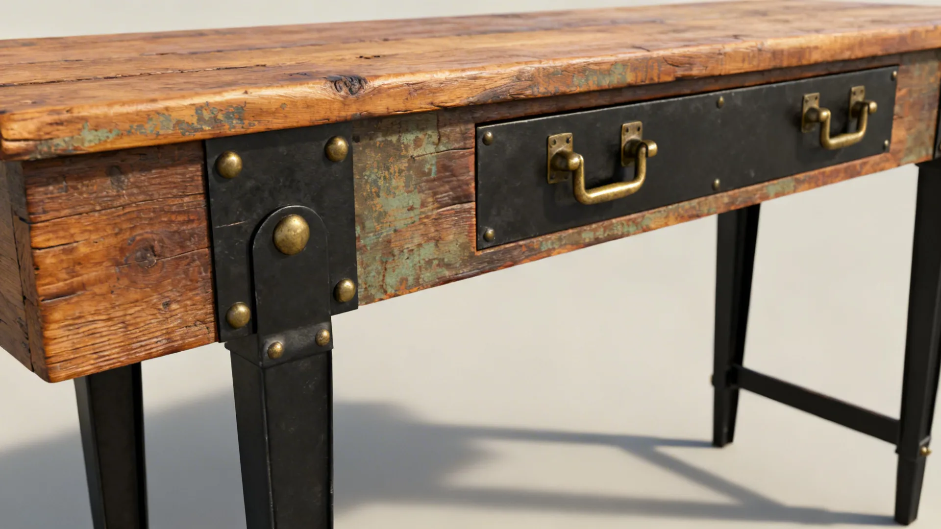 Reclaimed wood console with matte black and aged brass hardware details.