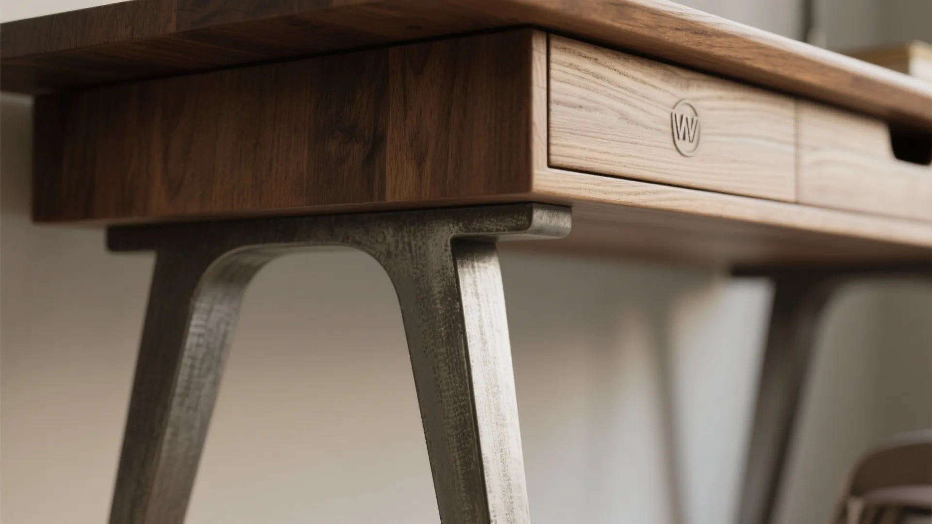 Close up of a wooden desk with a metal leg and drawer in a modern room