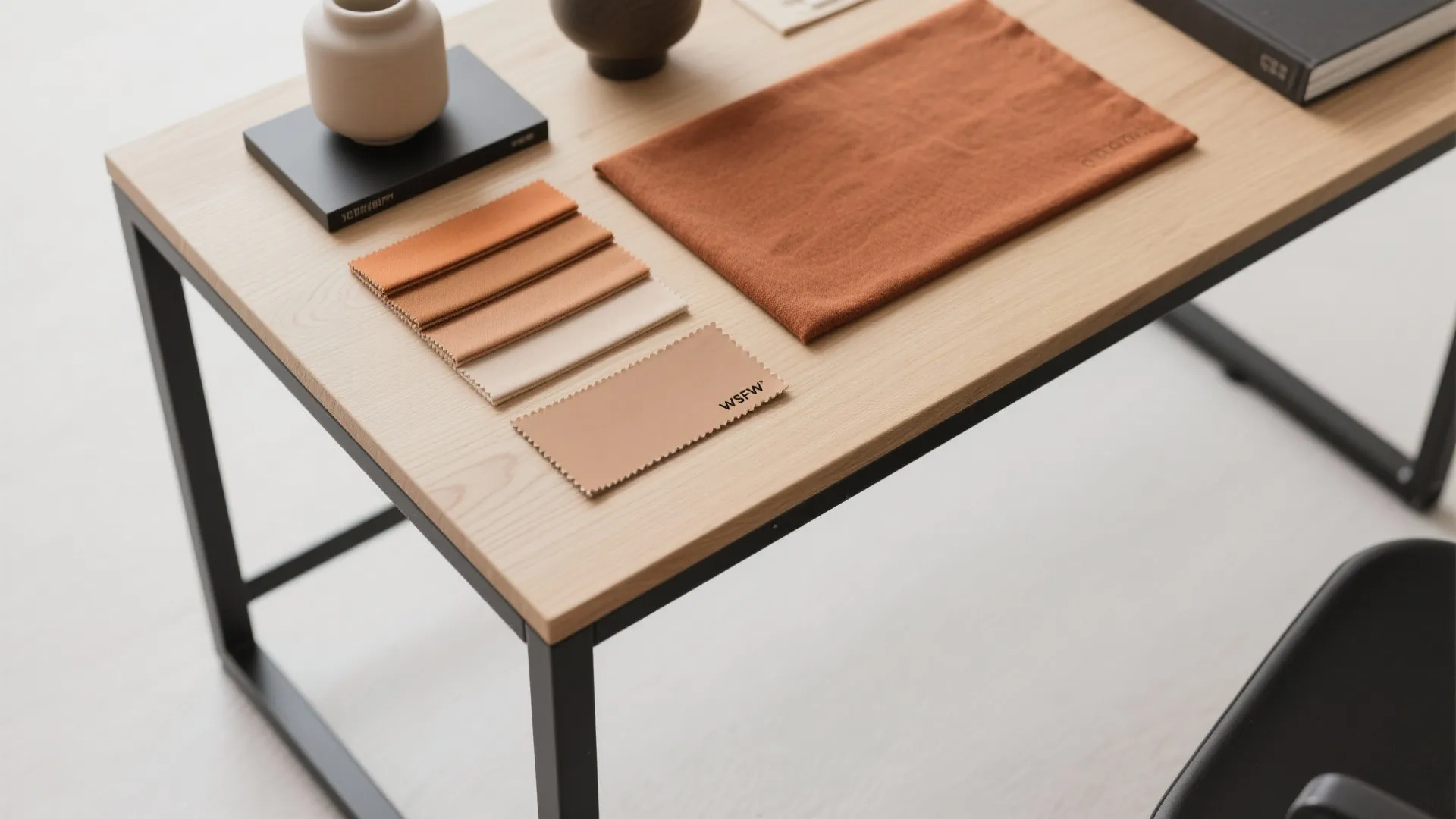 Flat lay of wood and metal desk materials with fabric swatches