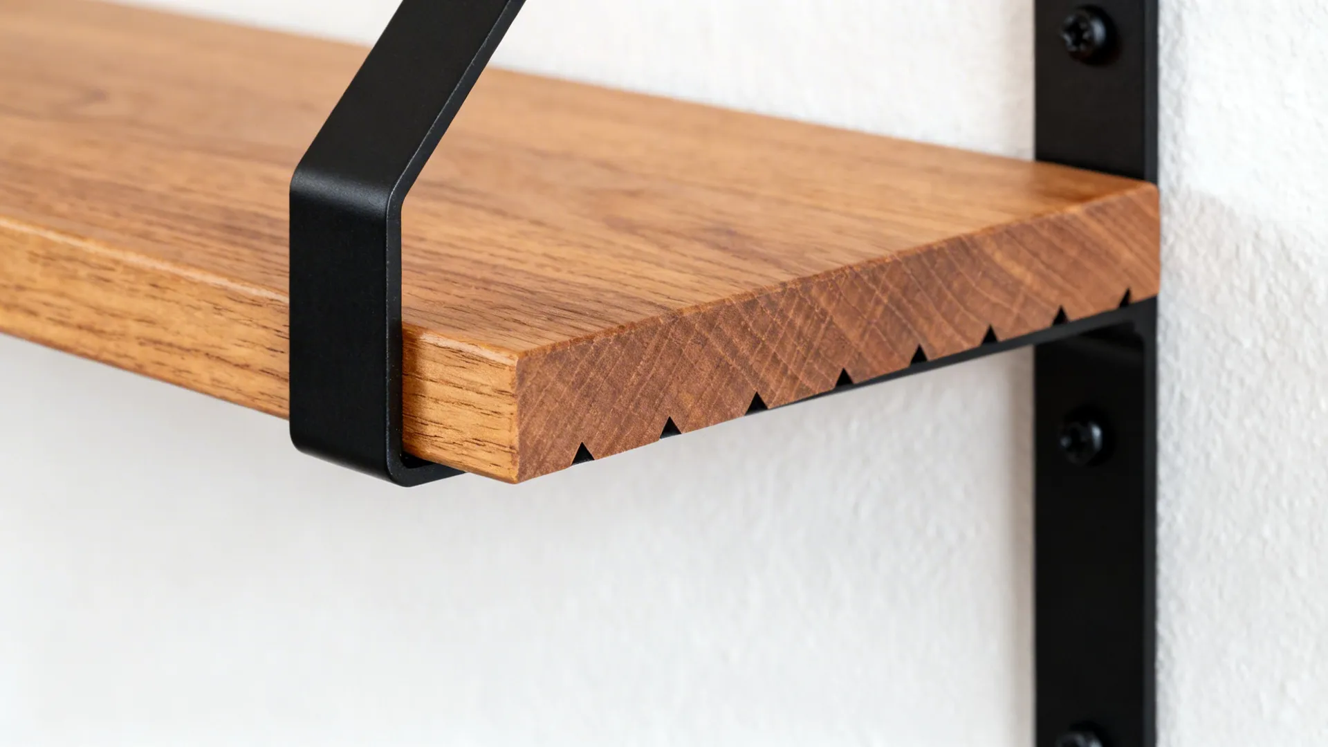 Close-up of an oak shelf with slim black steel bracket in soft daylight.