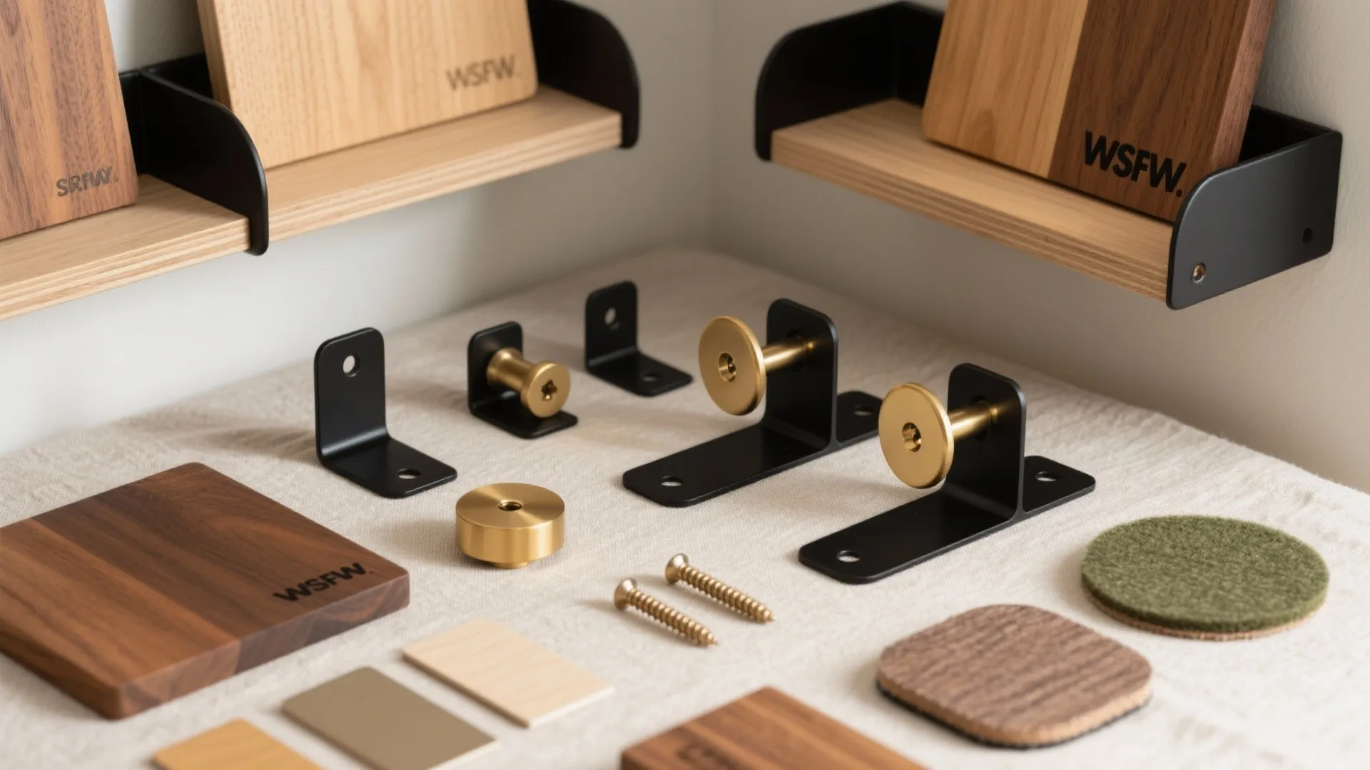 Black metal wall brackets and brass hardware parts laid out with various wooden material samples