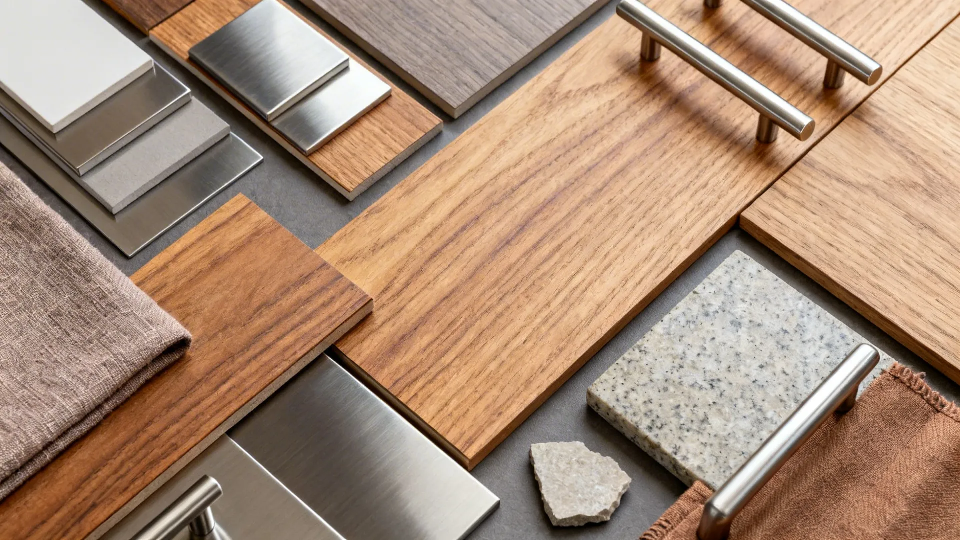 Interior design material board with wood samples, metal handles, stone tiles, and brown fabric swatches