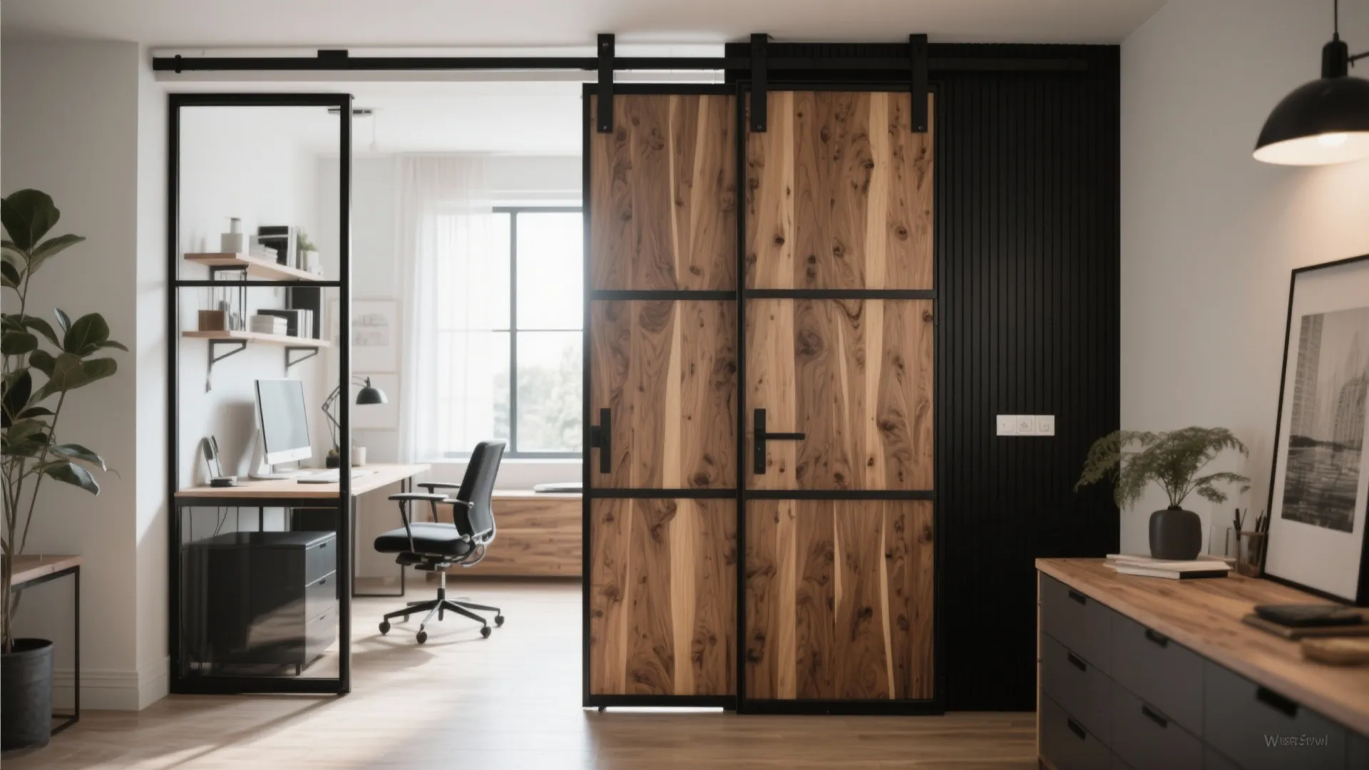 Home office space with wooden sliding barn doors featuring black metal frames and light flooring