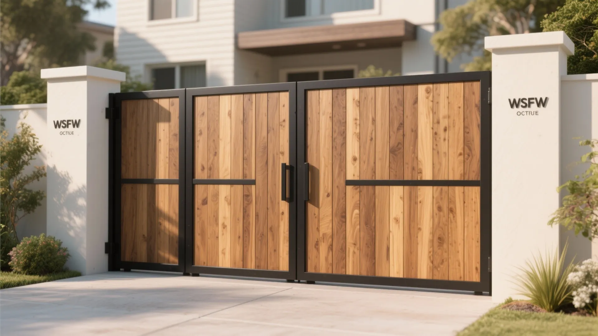 Modern house entrance gate with wood planks and black metal frame between two white concrete pillars