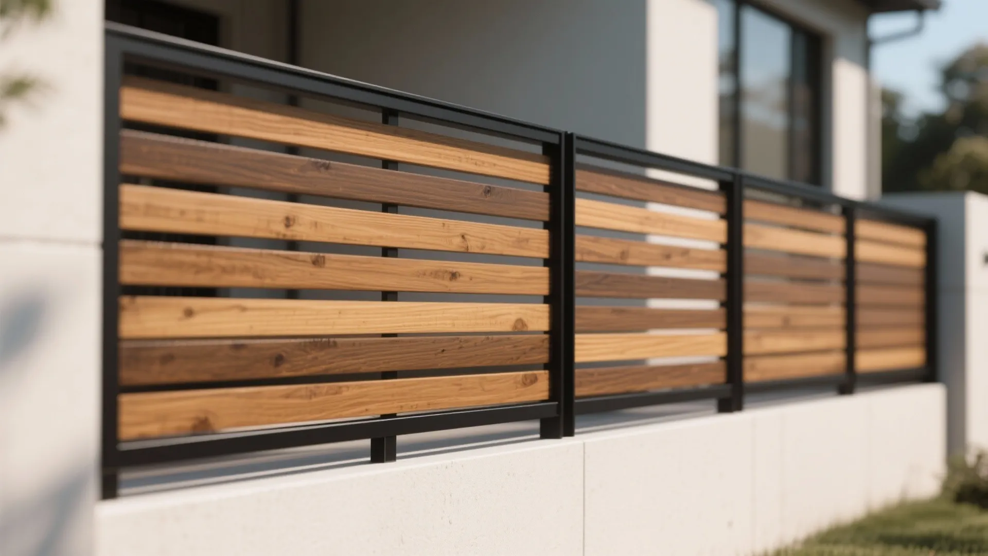 Modern garden fence with horizontal wood slats and black metal frame installed on white wall
