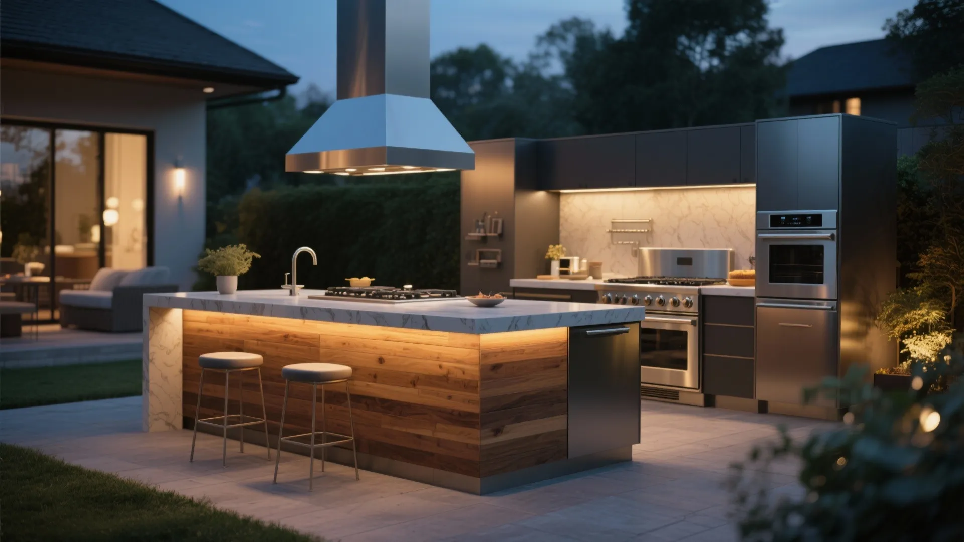 Modern outdoor kitchen with wood island, marble top, stools, warm lighting, and stainless steel appliances