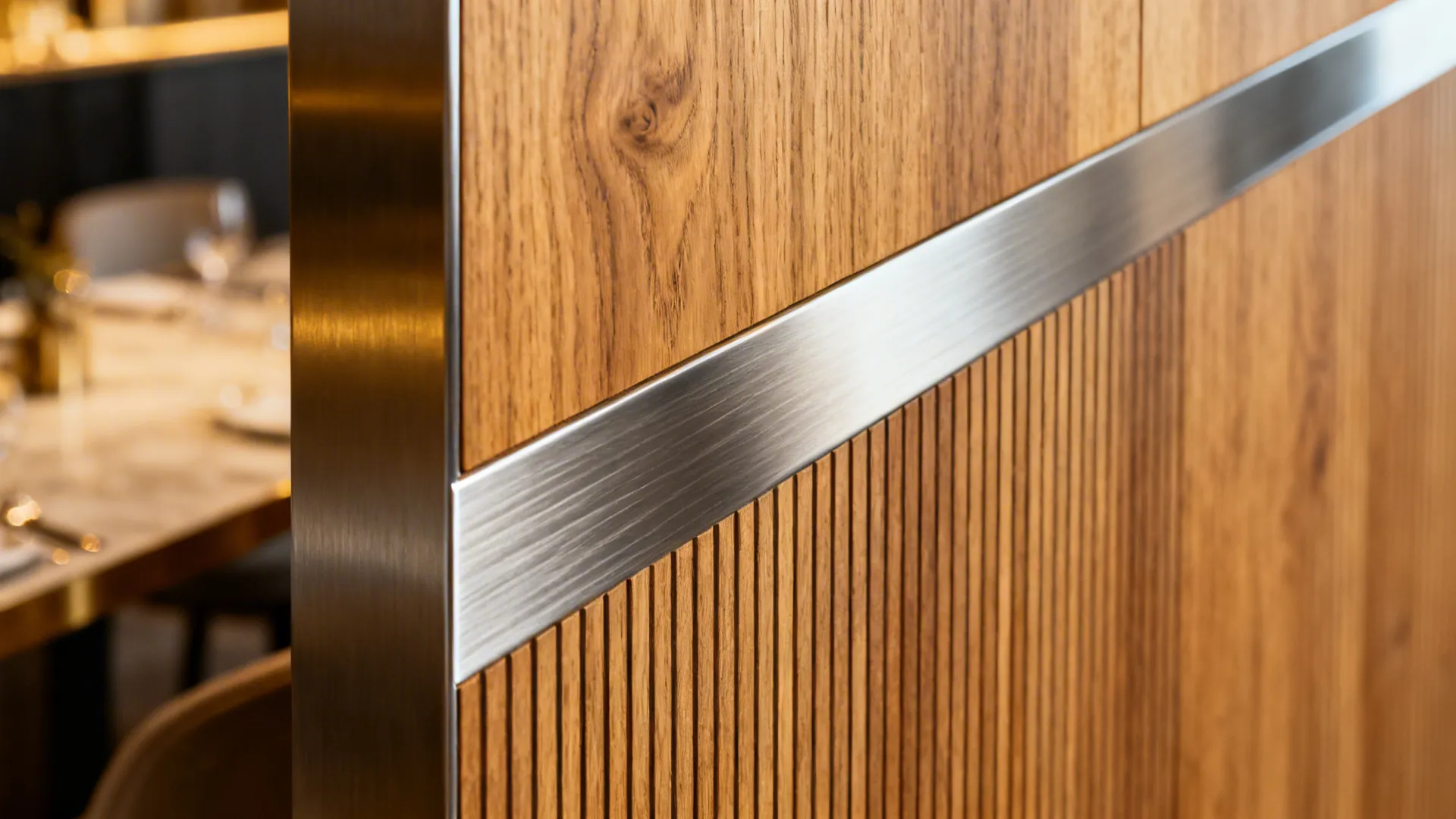 Close up of wooden wall panel with vertical lines and a smooth horizontal metal strip