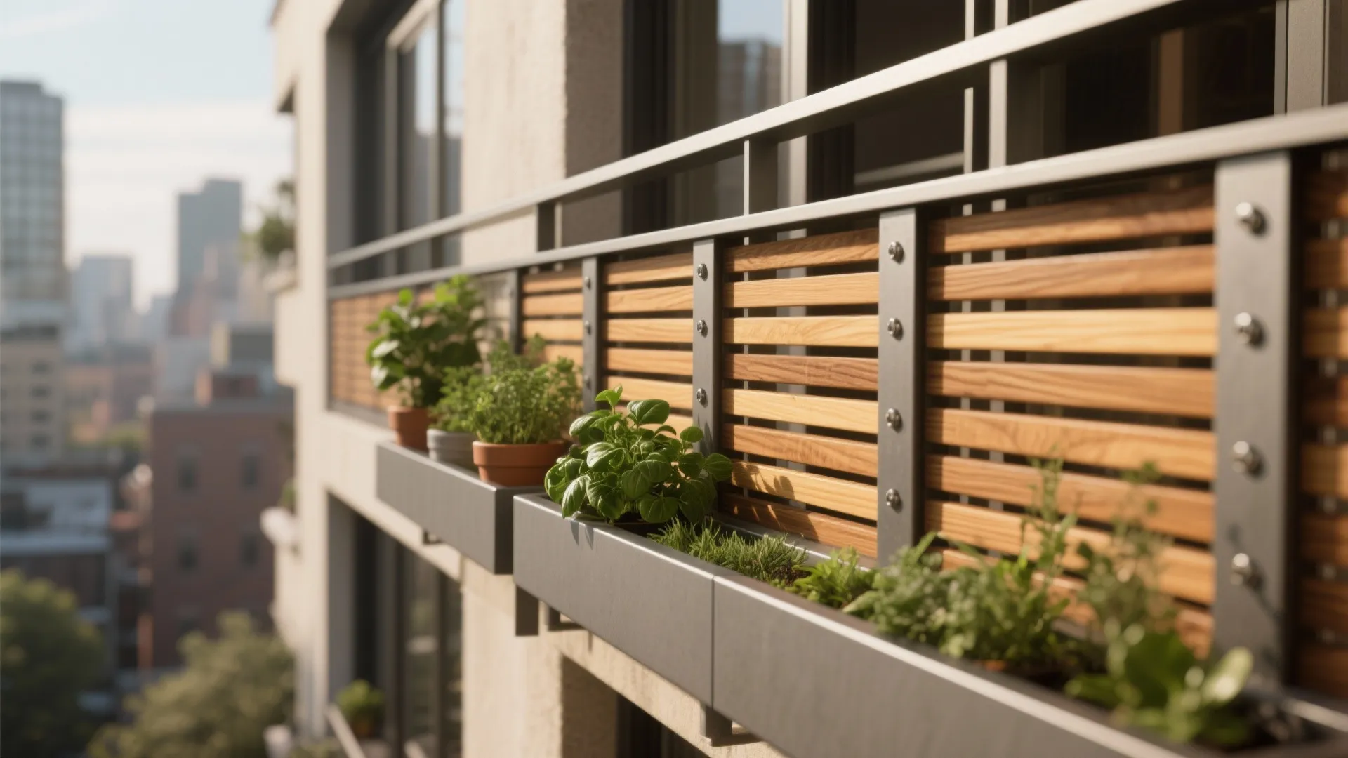 Hybrid wood-and-metal grill with planter ledge