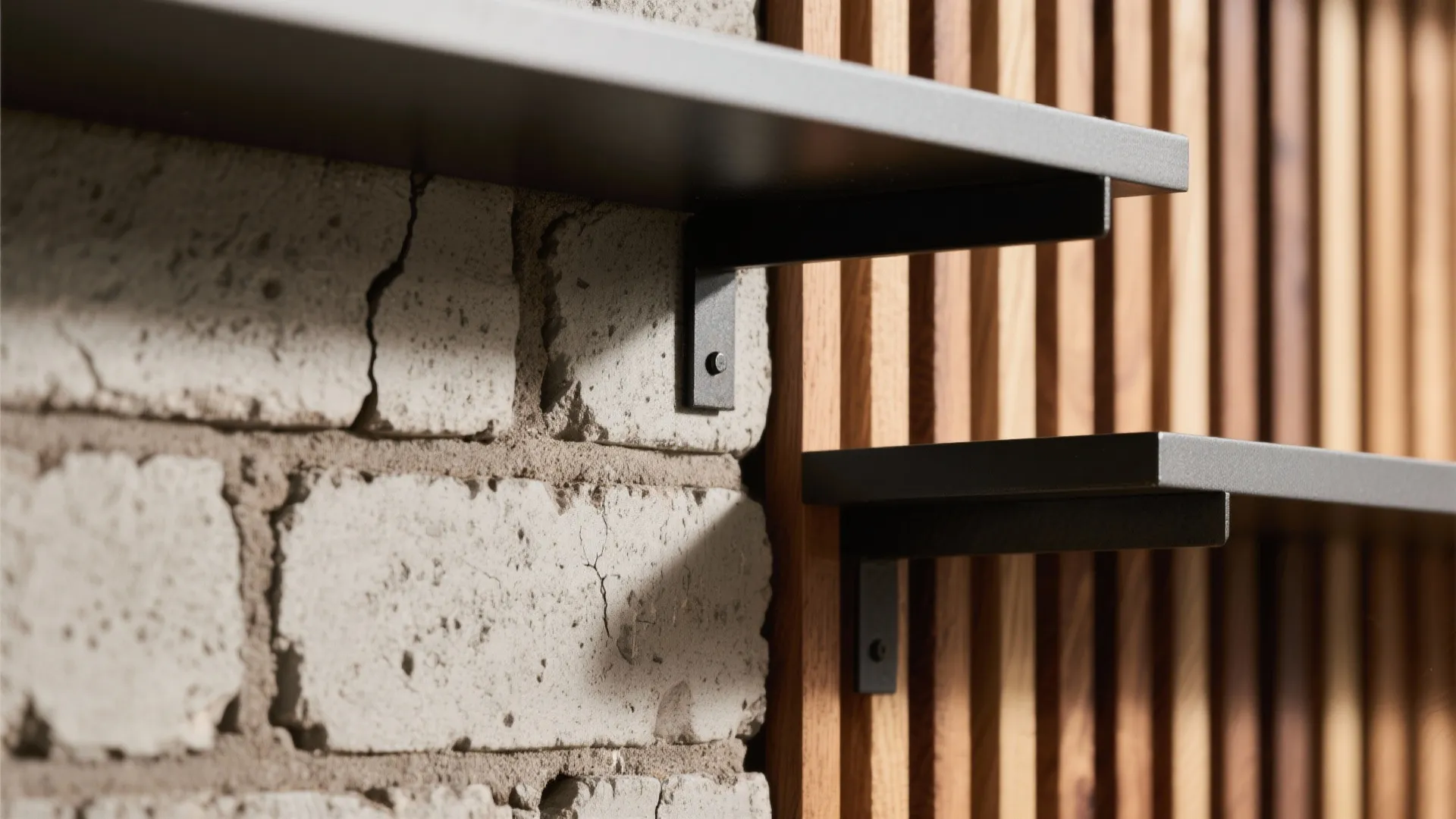 Close up of black metal wall shelves mounted on a brick and vertical wood panel wall
