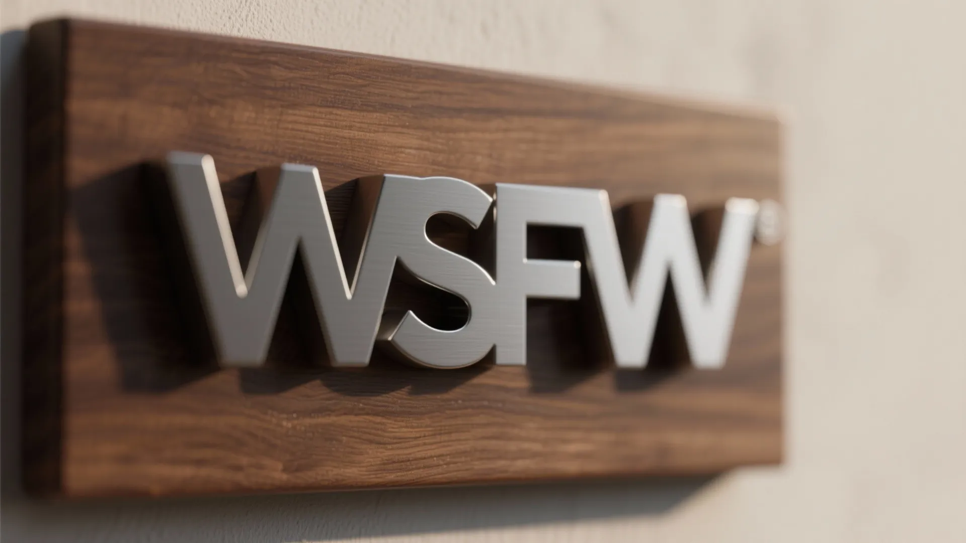 Close up view of silver metal letters spelling WSFW mounted on a rectangular wood board