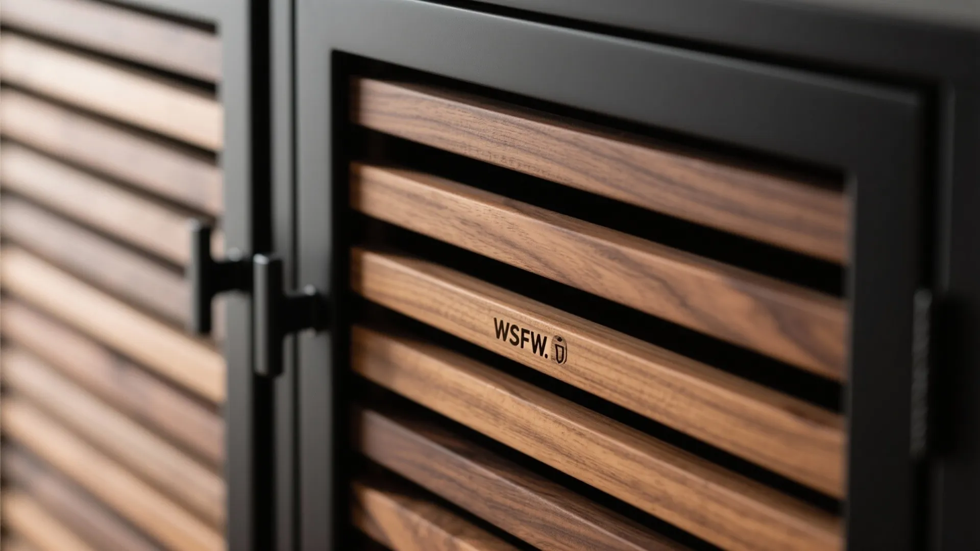 Macro of thermally modified ash slats on black aluminum cabinet for warm balcony storage design