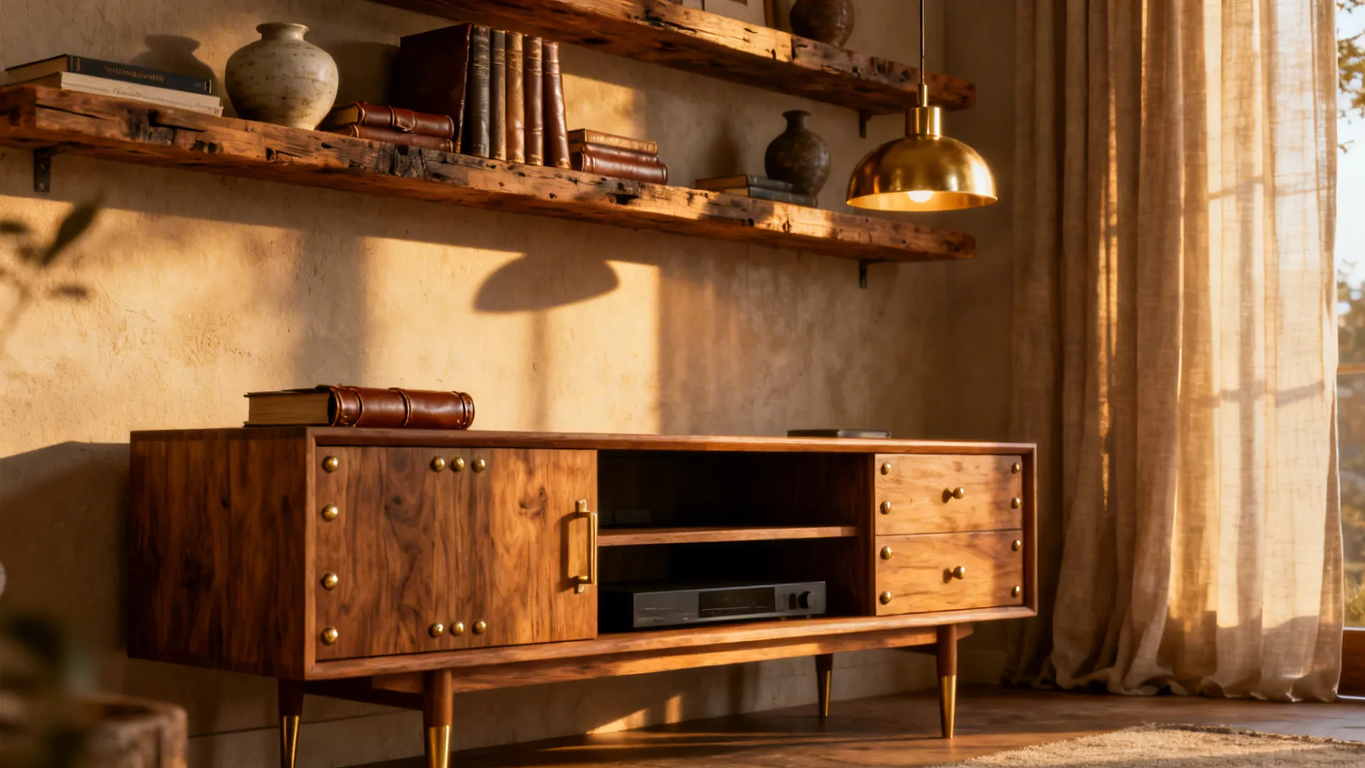Wooden cabinet with gold legs below rustic shelves and a hanging gold ceiling light fixture