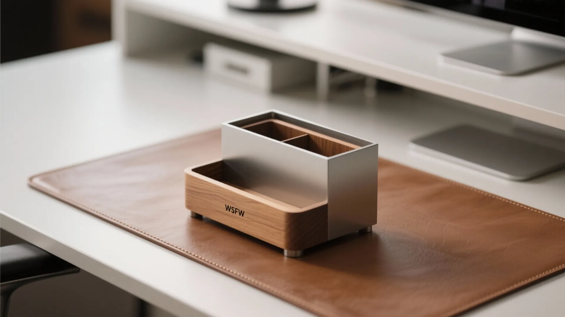 Wood and metal desk organizer sitting on a brown leather mat on a white desk