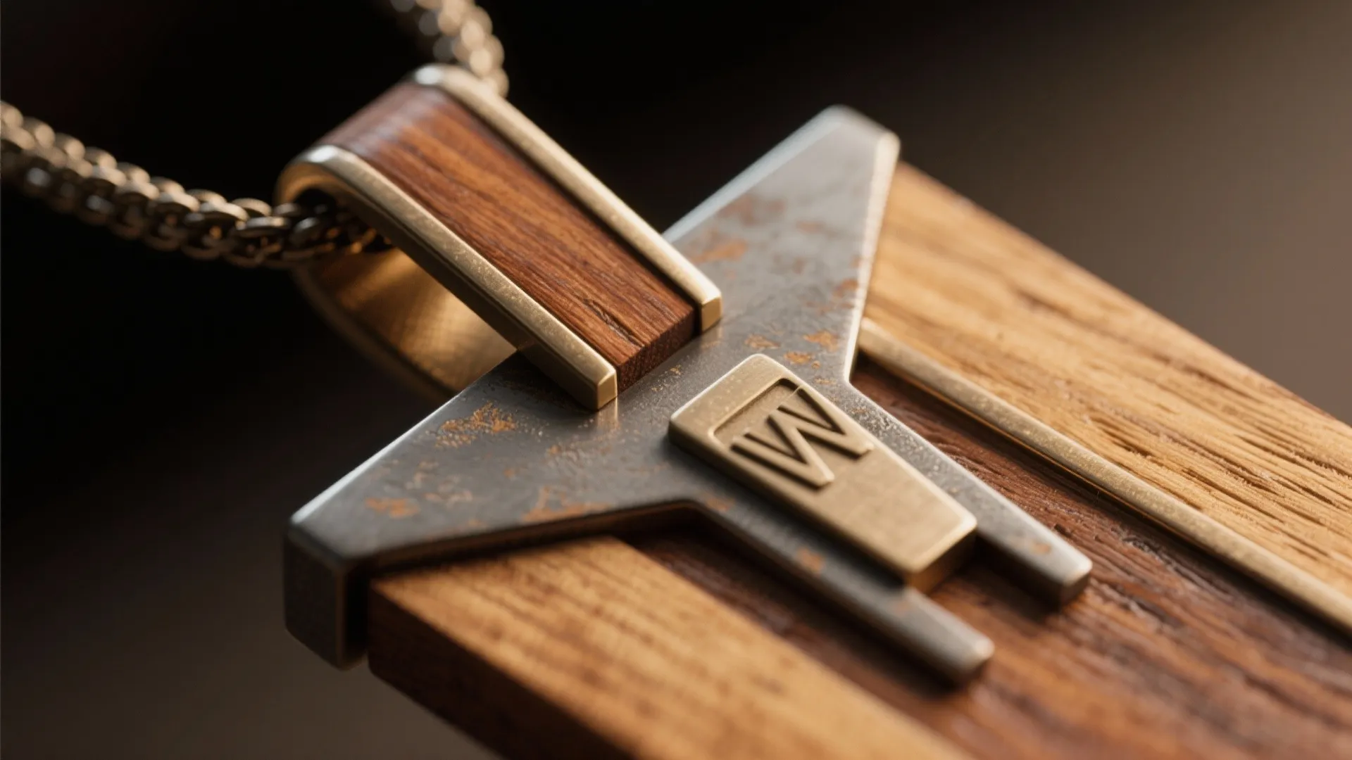 Close up view of wood and metal necklace pendant with chain on a wooden surface