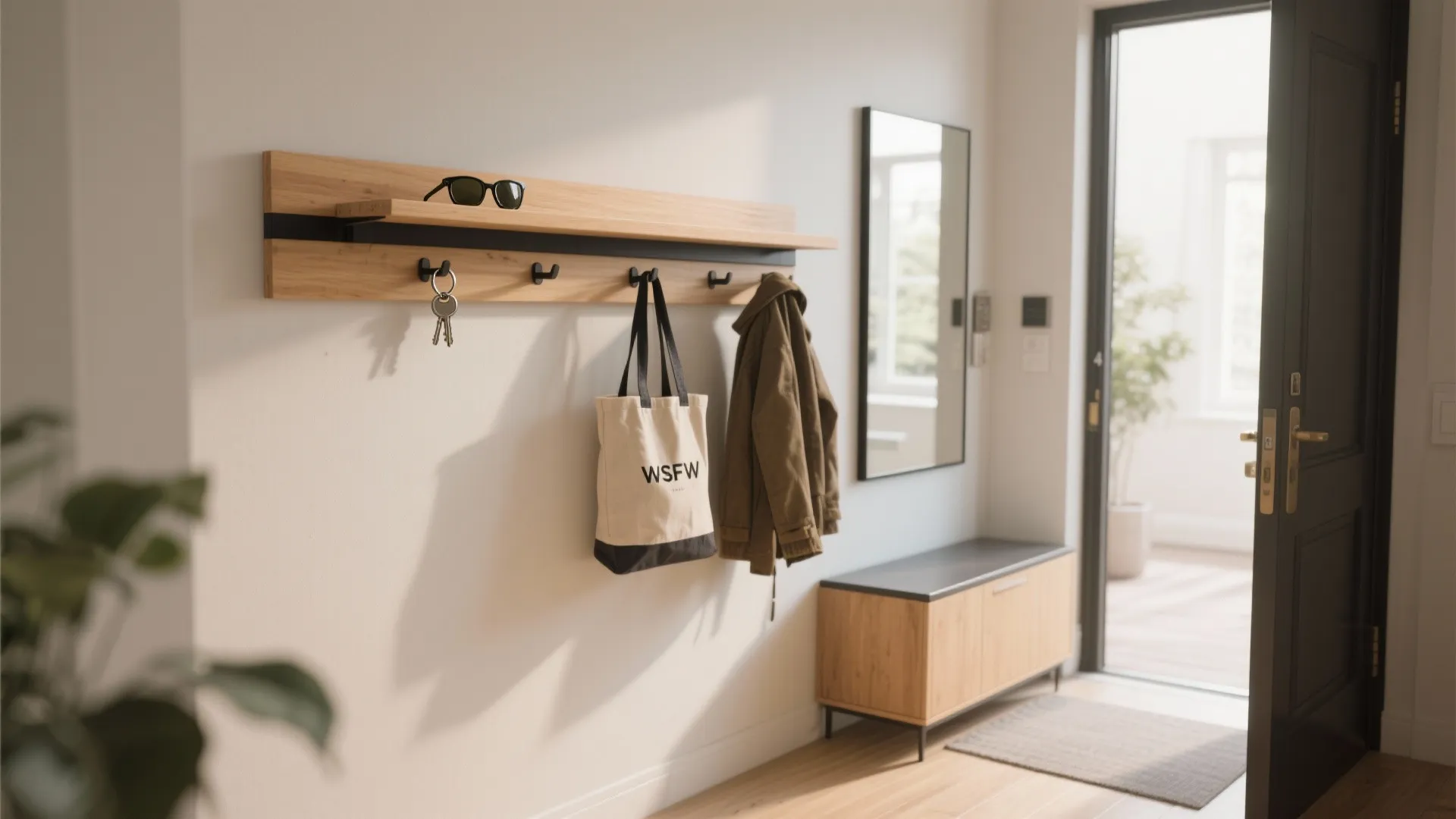 Mixed wood-and-metal rack with a narrow shelf