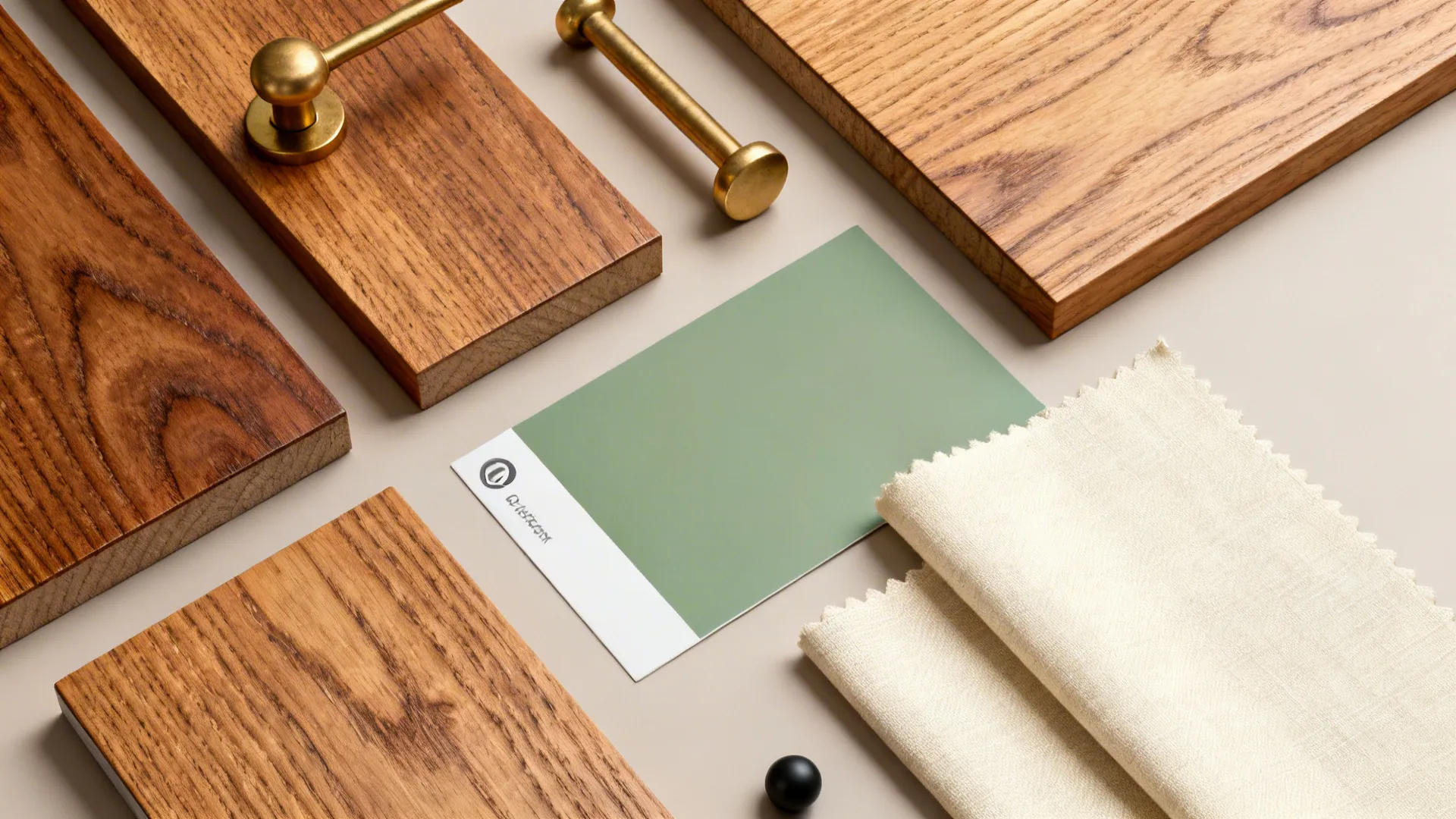 Flatlay of oak wood samples, brass hardware, sage paint swatch and cream fabric samples.