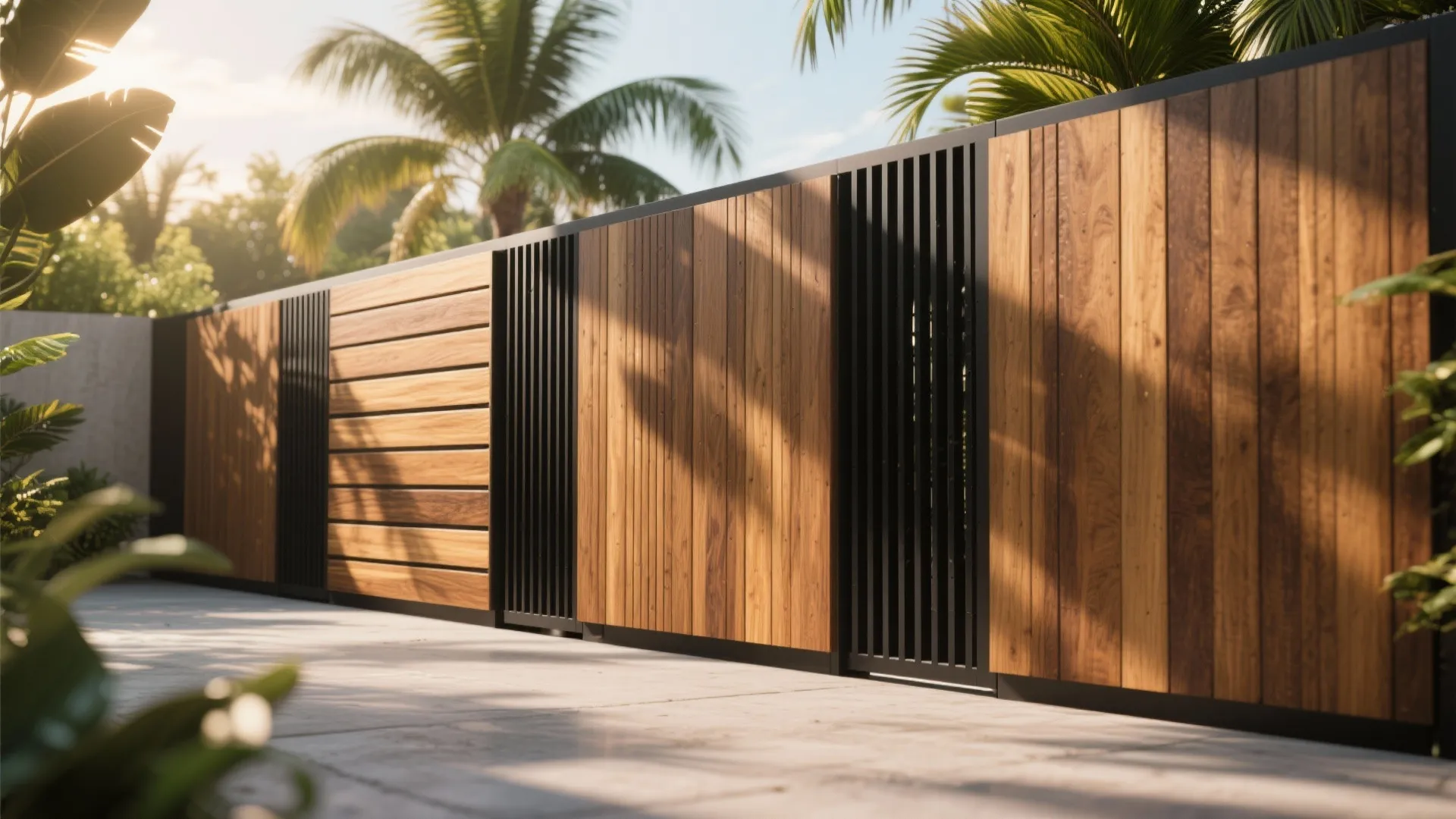 Modern outdoor fence featuring vertical wooden panels and black metal slats with green palm trees