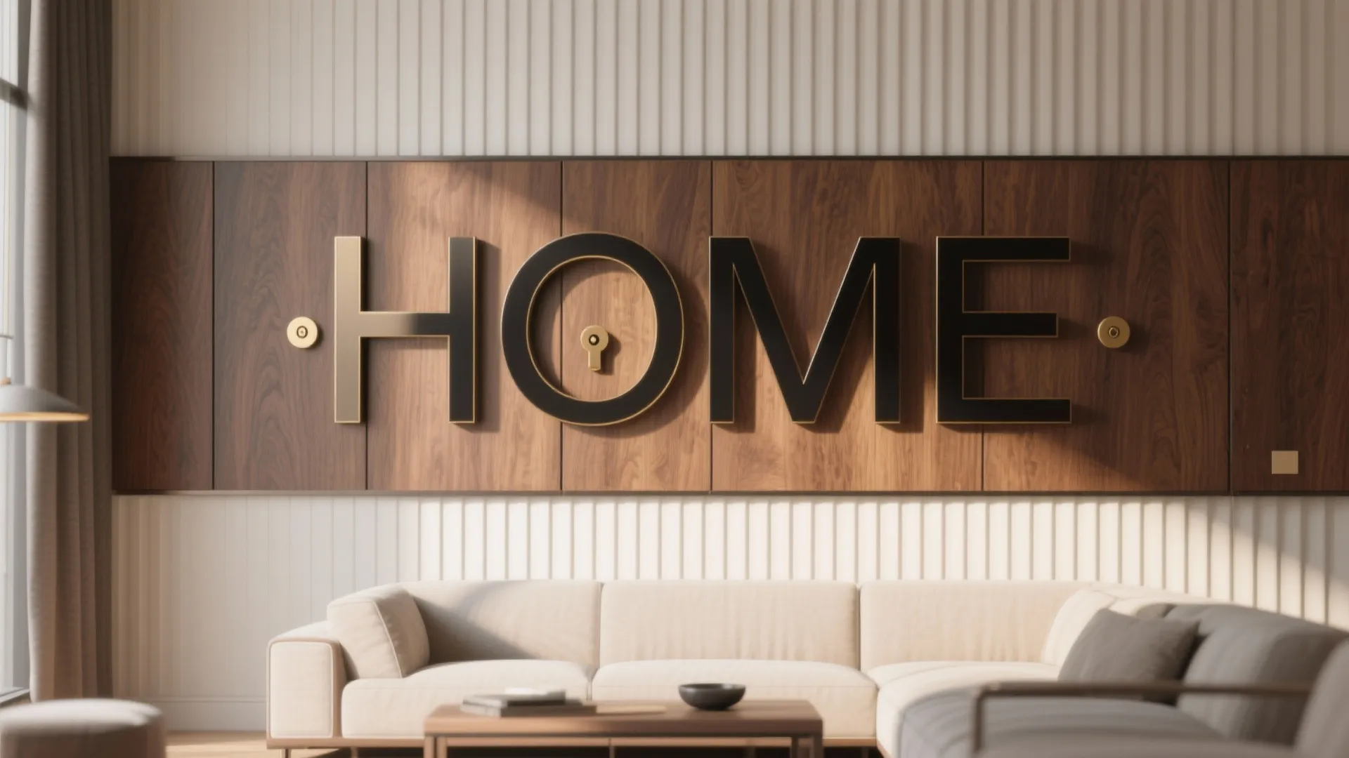 Modern living room featuring large black HOME sign mounted on a decorative wood wall panel