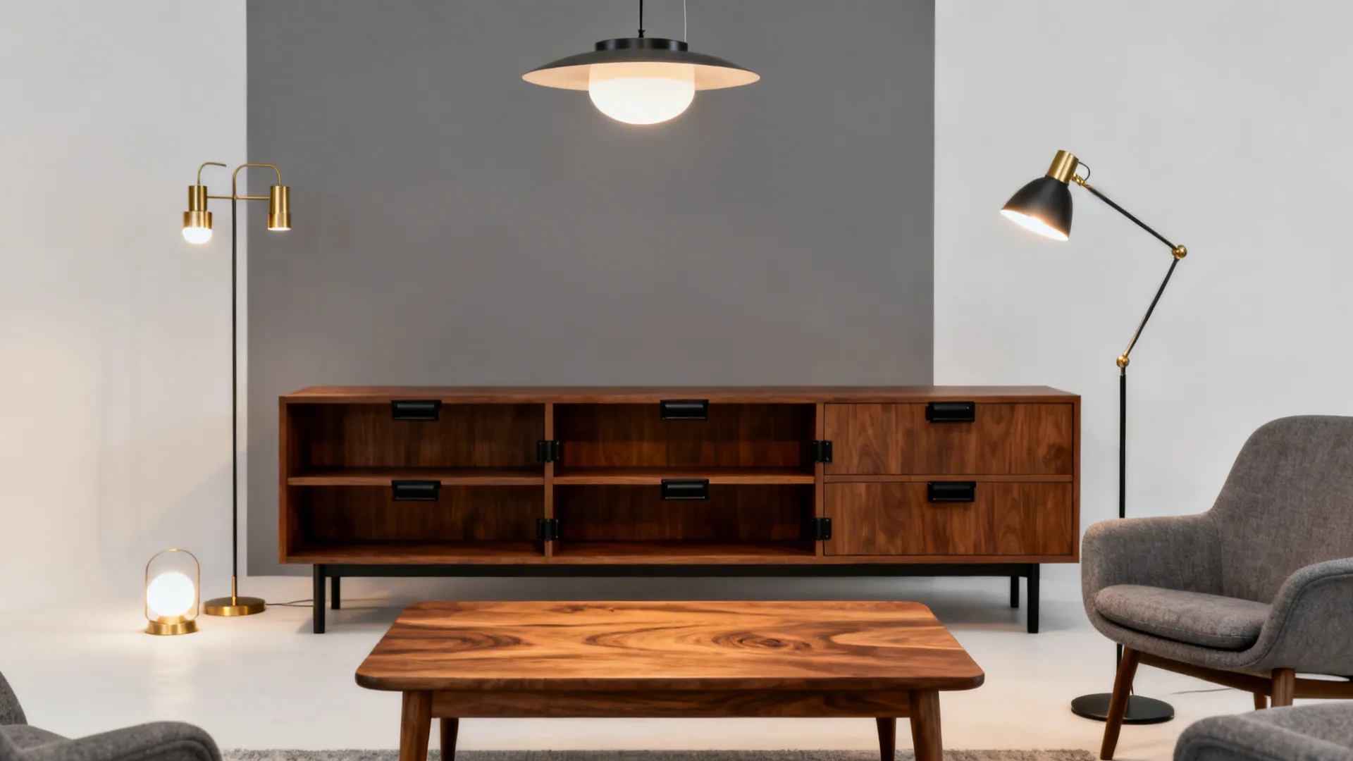 Gray living room softened by a warm wood coffee table, walnut shelving and brass accents.