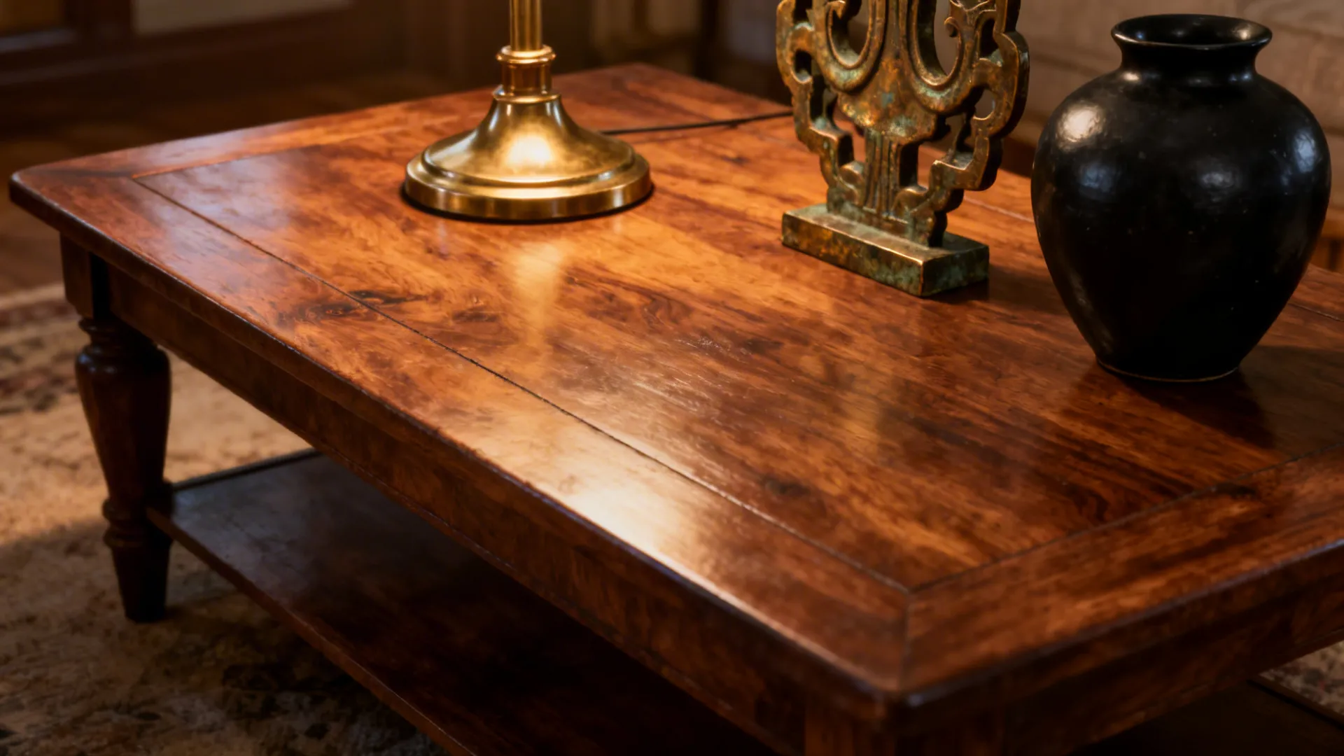 Dark wood coffee table with gold light fixture base green decorative statue and black ceramic vase