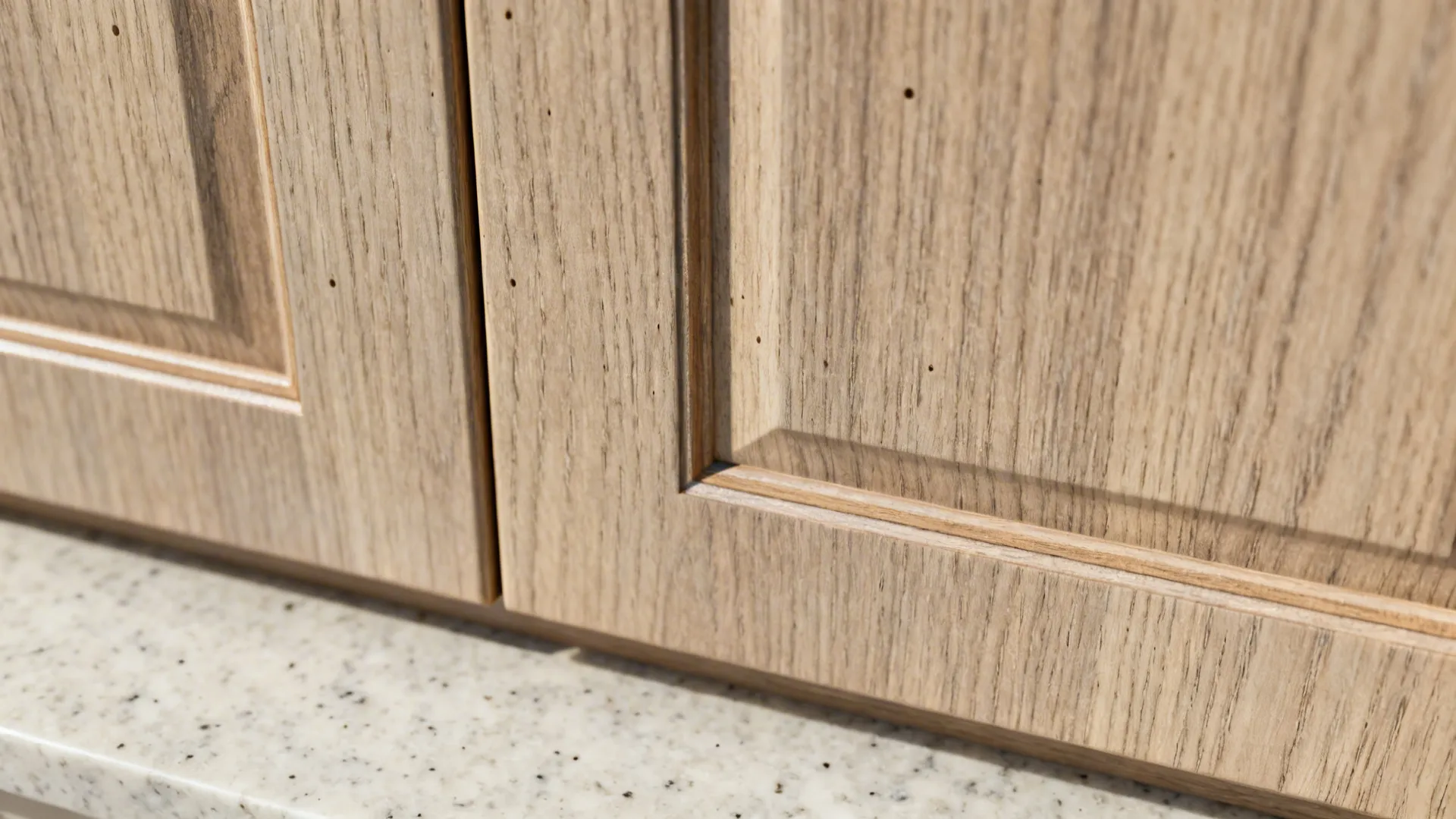 Macro of ash-tone wood-look mica grain with clean edge banding detail.