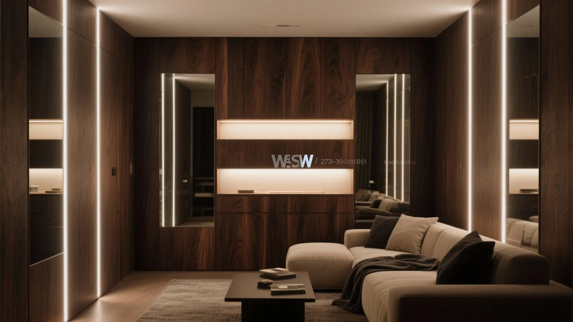 5) Wood + mirror panels with soft backlighting