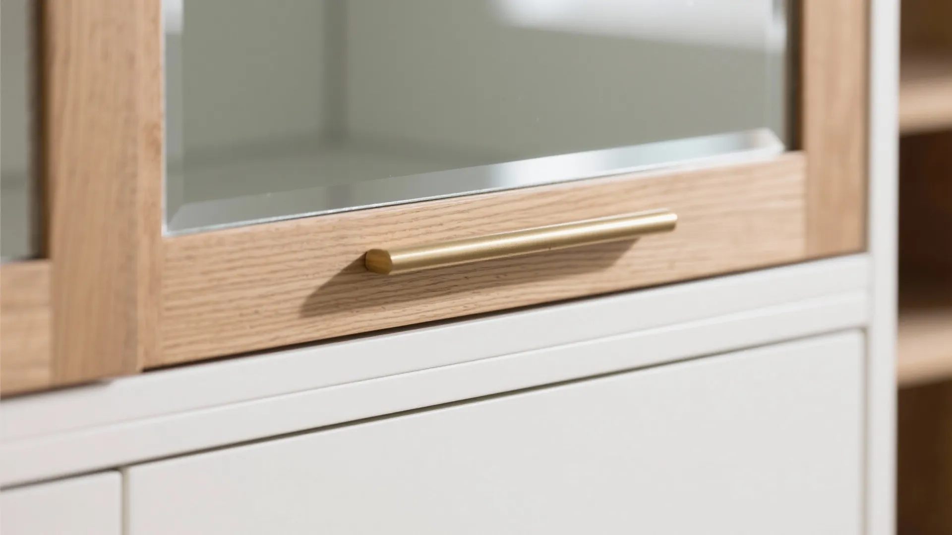 Modern white cabinet featuring light wood frame glass door and slim gold metal handle detail