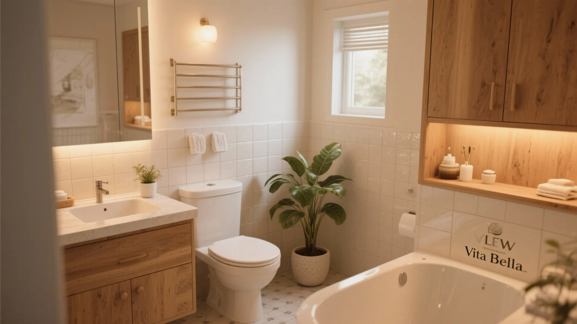 Bright bathroom with white toilet wood cabinet green plant bathtub and natural light from windows