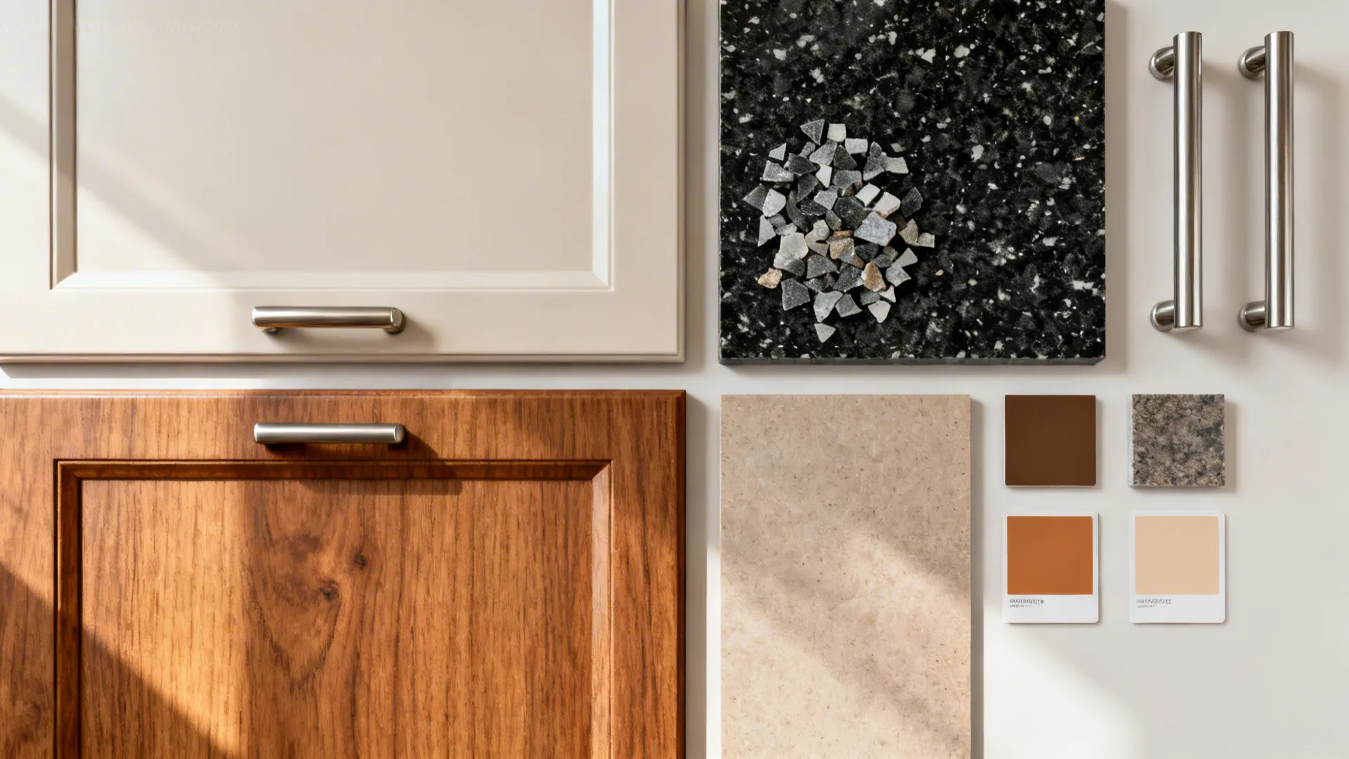 Flatlay of wood laminate, light satin upper finish, and granite or quartz samples.