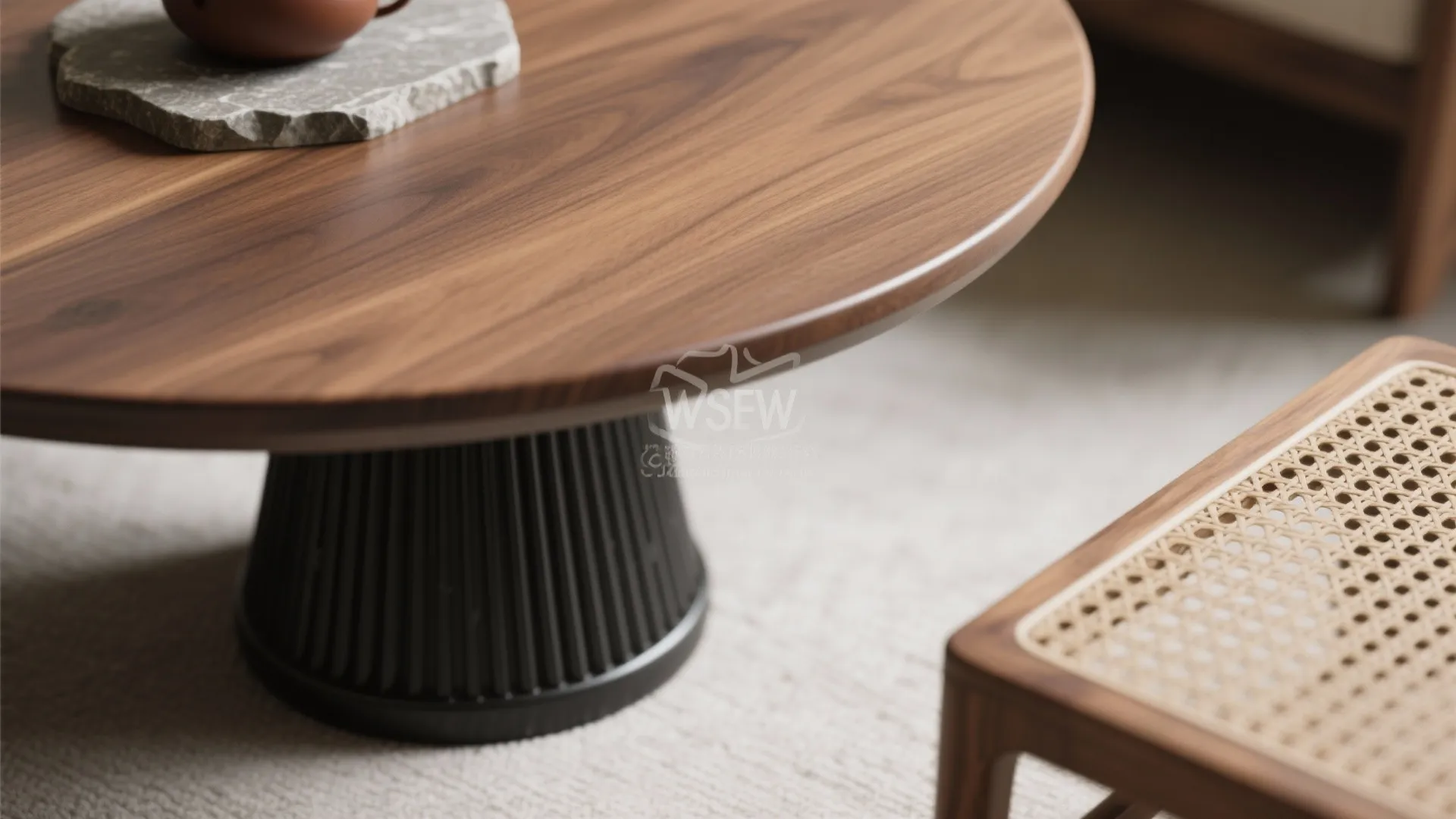 Close up view of round wooden coffee table with black base and woven rattan chair