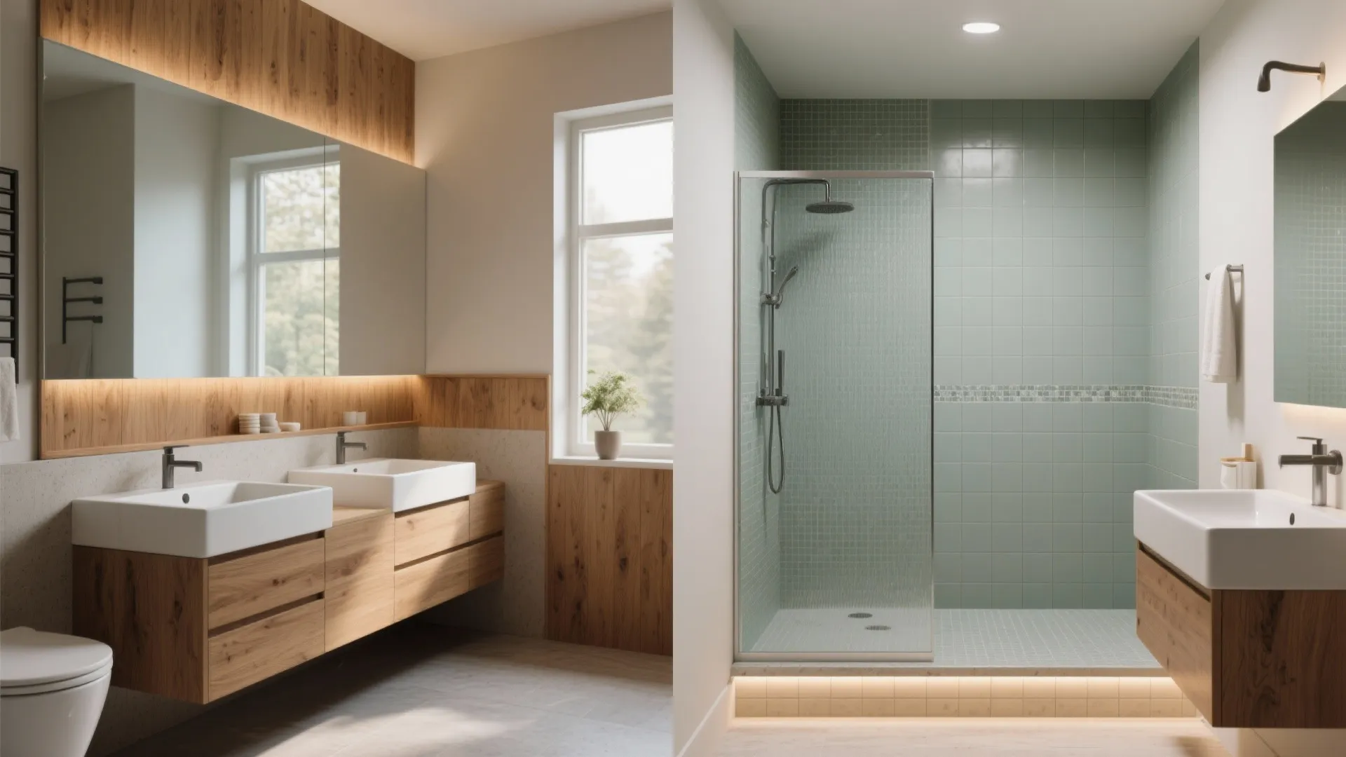 Modern bathroom interior design featuring wood cabinets white sinks glass shower and light green tiles
