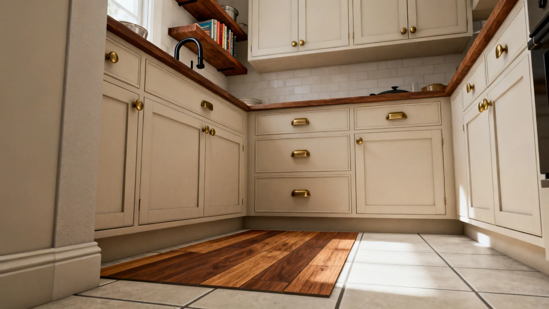 Warm small kitchen with a walnut shelf, brass hardware, matte black faucet, and wood-look plank rug.
