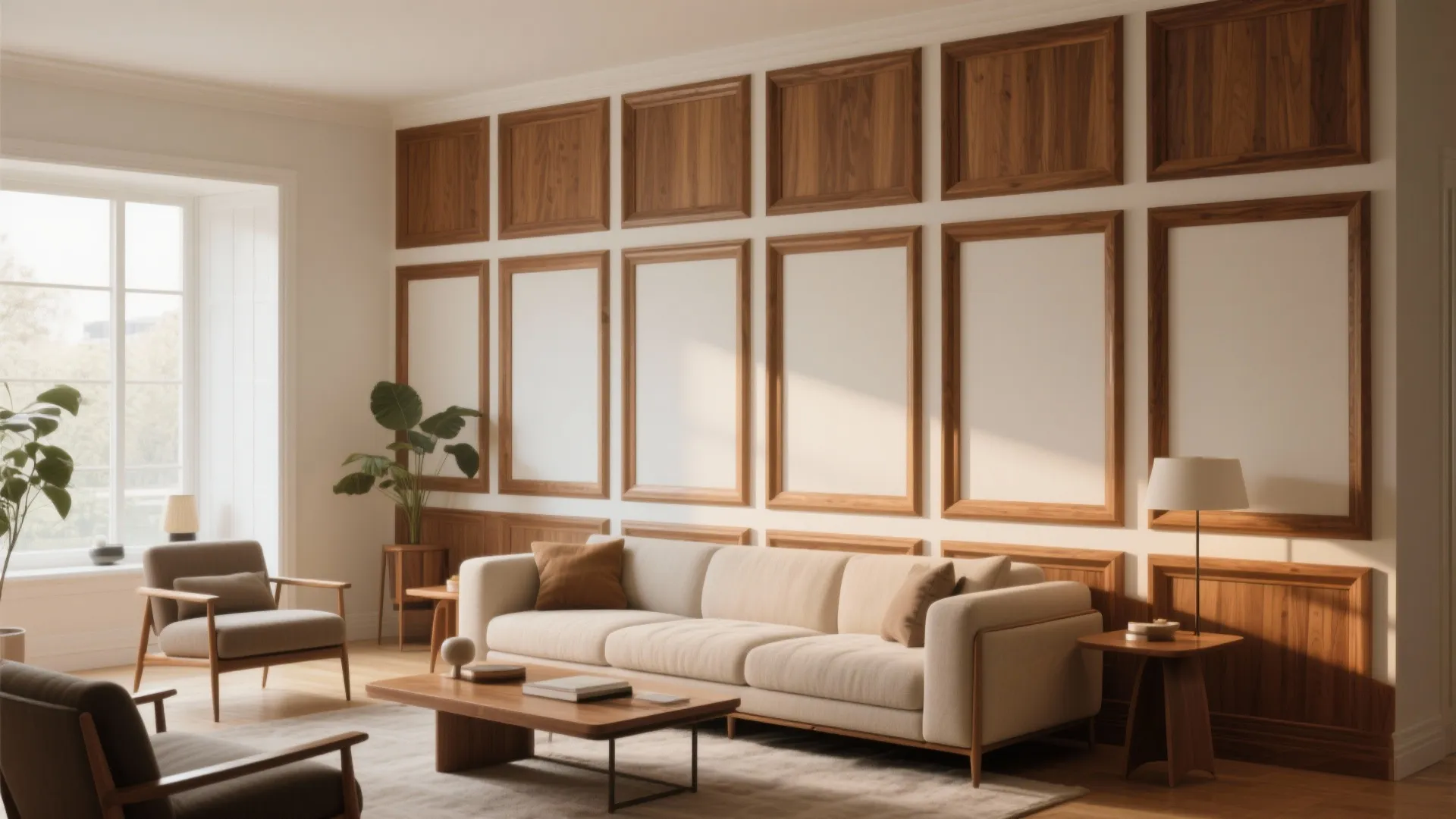 Modern living room with beige sofa wood wall panel coffee table indoor plants and natural light