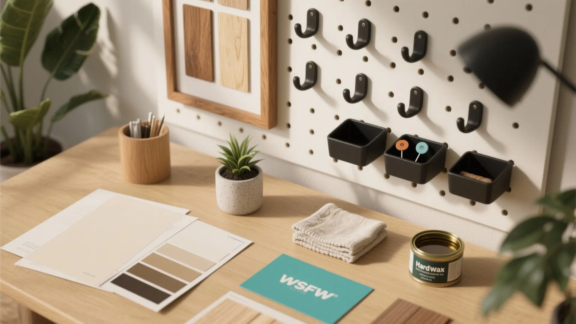 Work desk with color samples, wooden materials, pegboard with hooks, small plant, and table lamp
