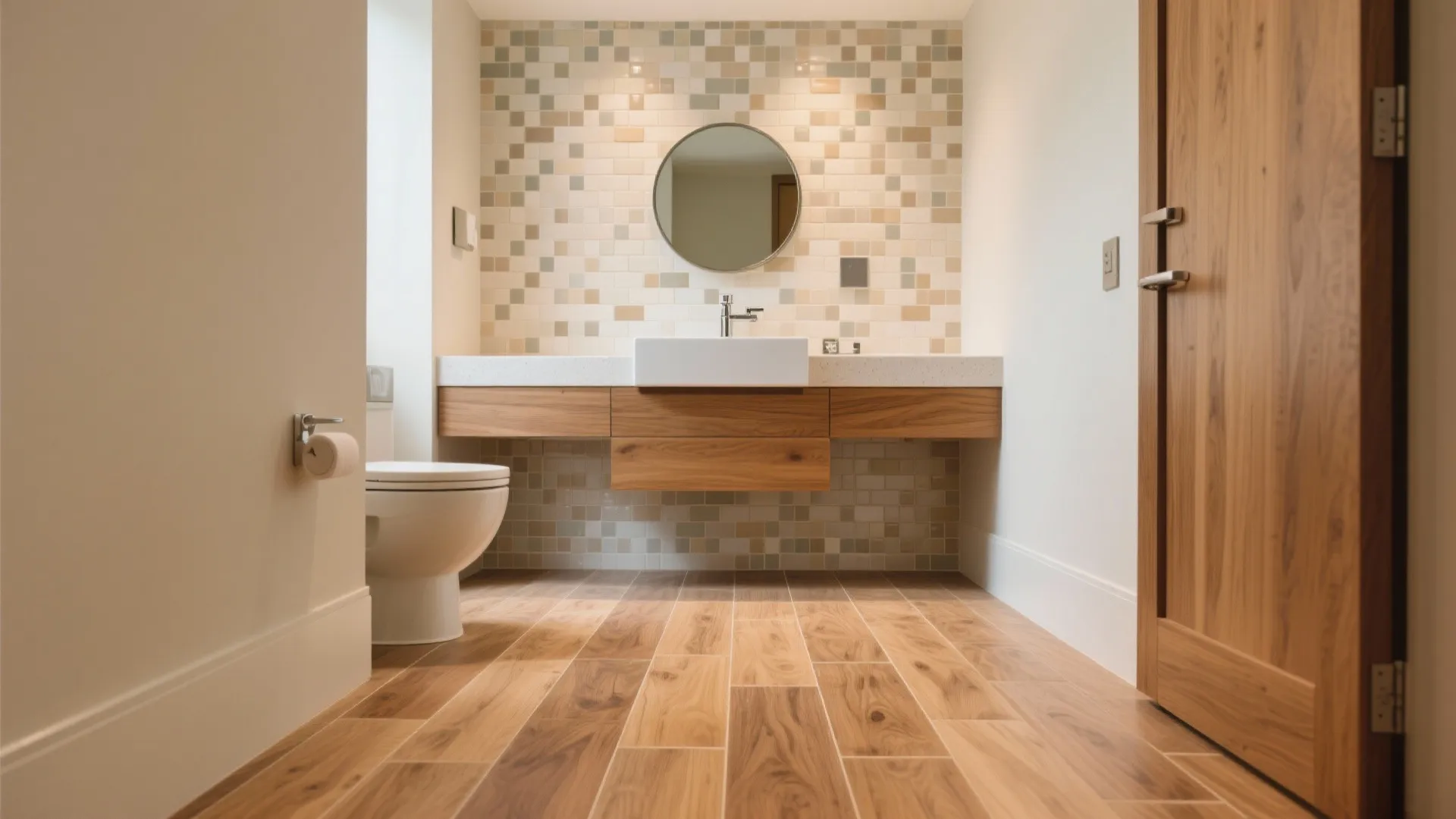 Warm Wood-Look Porcelain with a Mosaic Feature Wall
