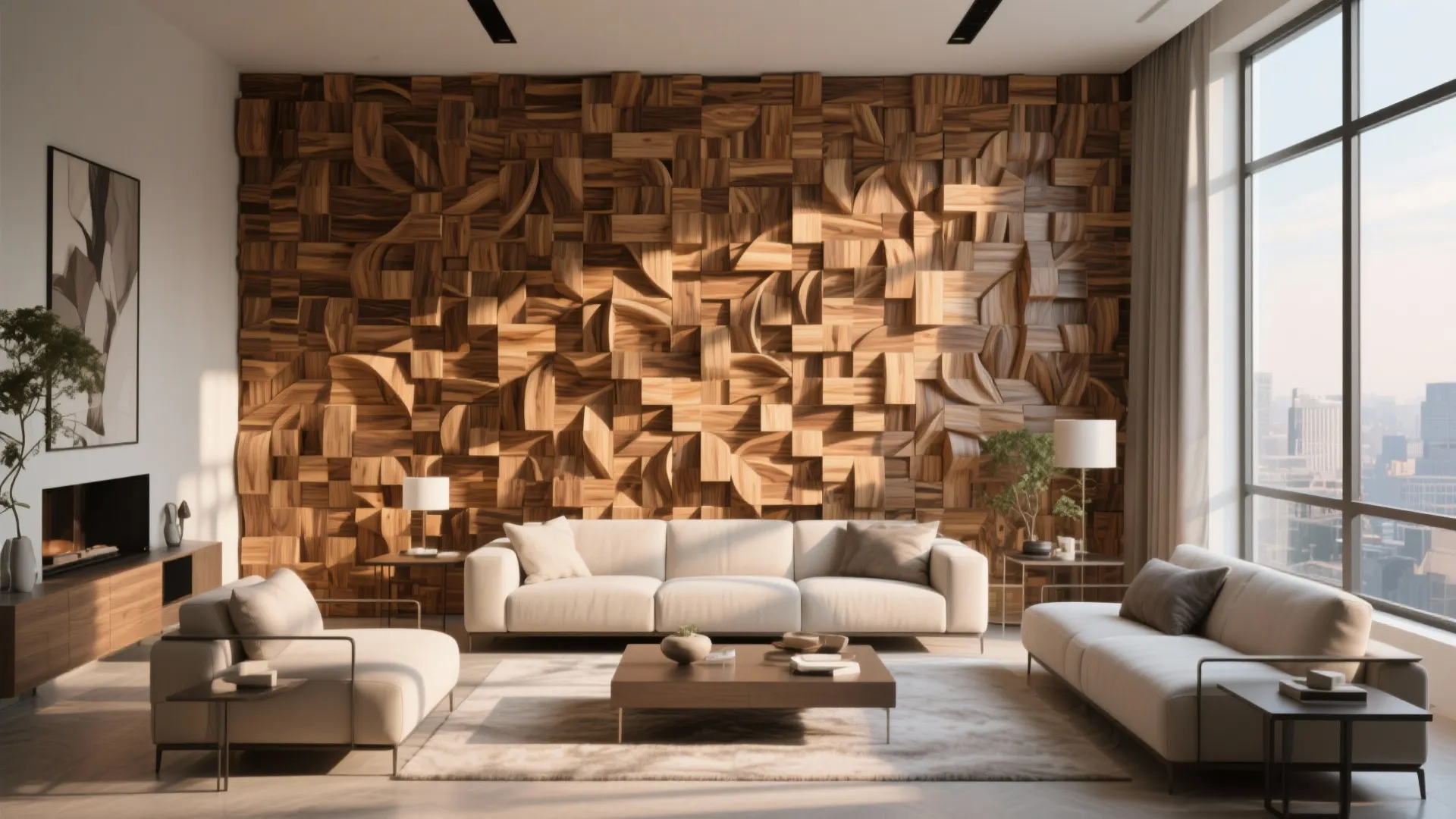 Modern living room featuring a decorative wood wall panel with white sofa and large windows