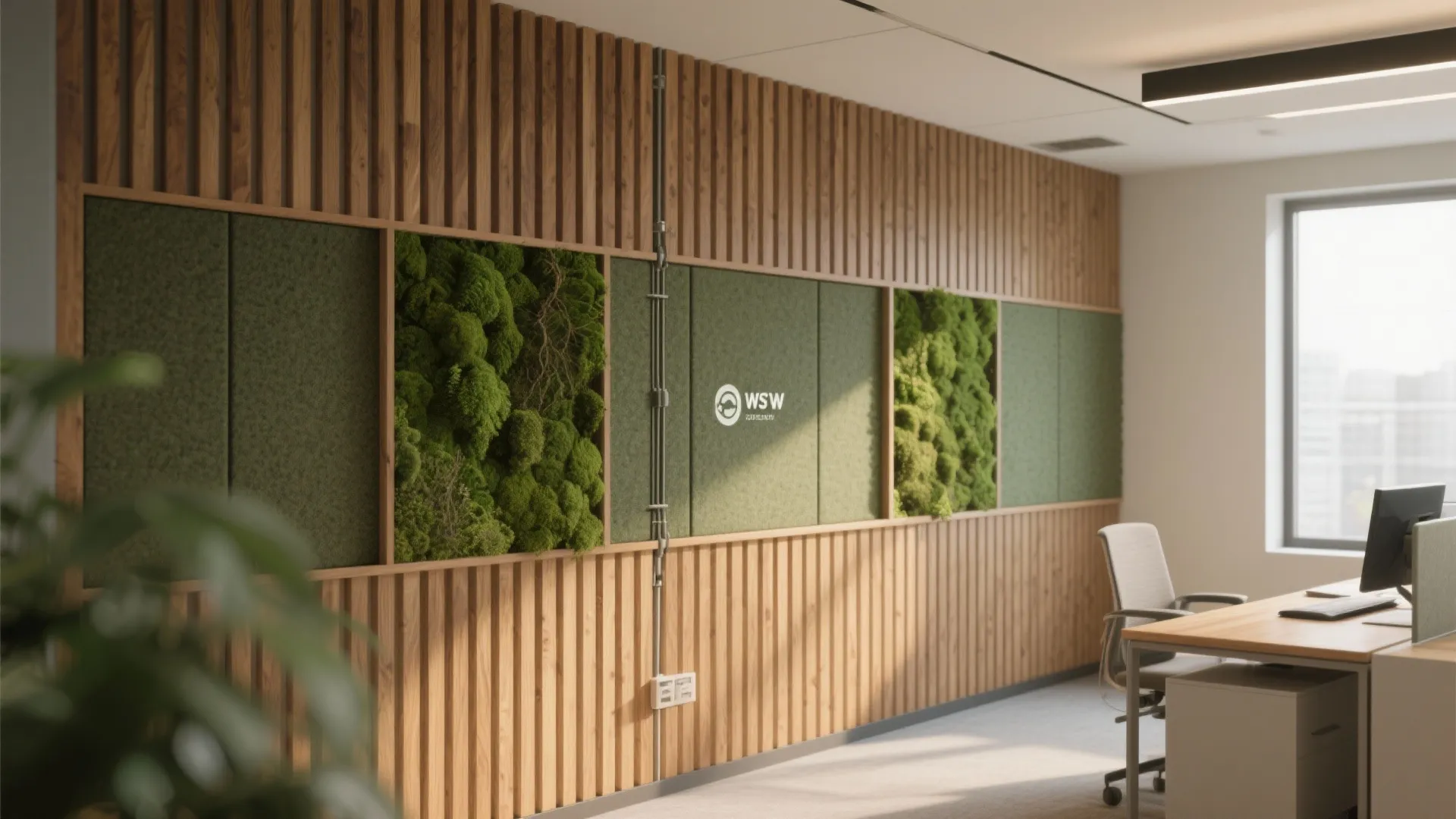 Modern office wall with vertical wood panels and green moss sections near a wooden desk