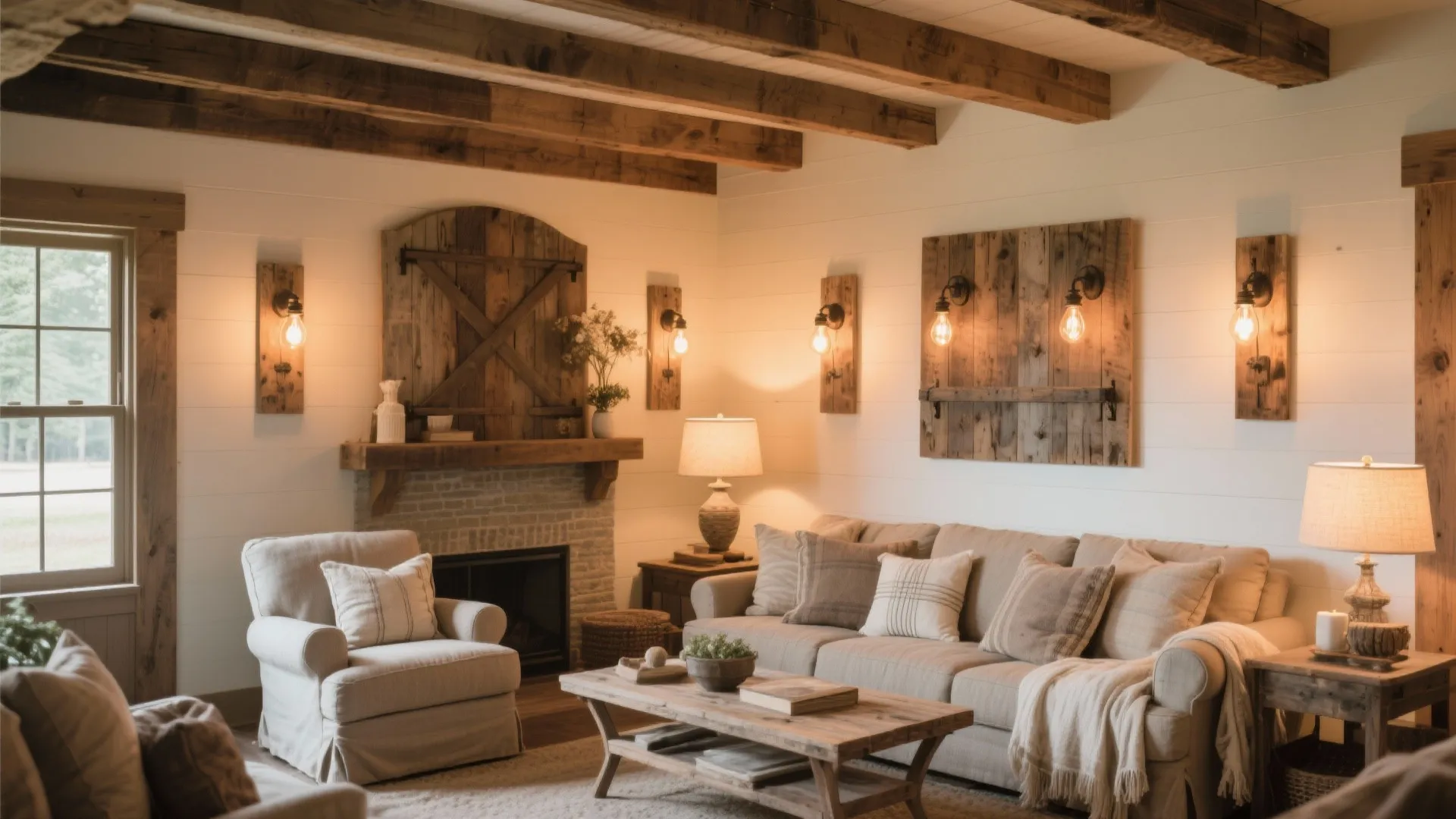 Rustic living room with wooden wall light fixtures sofa coffee table fireplace and exposed ceiling beams
