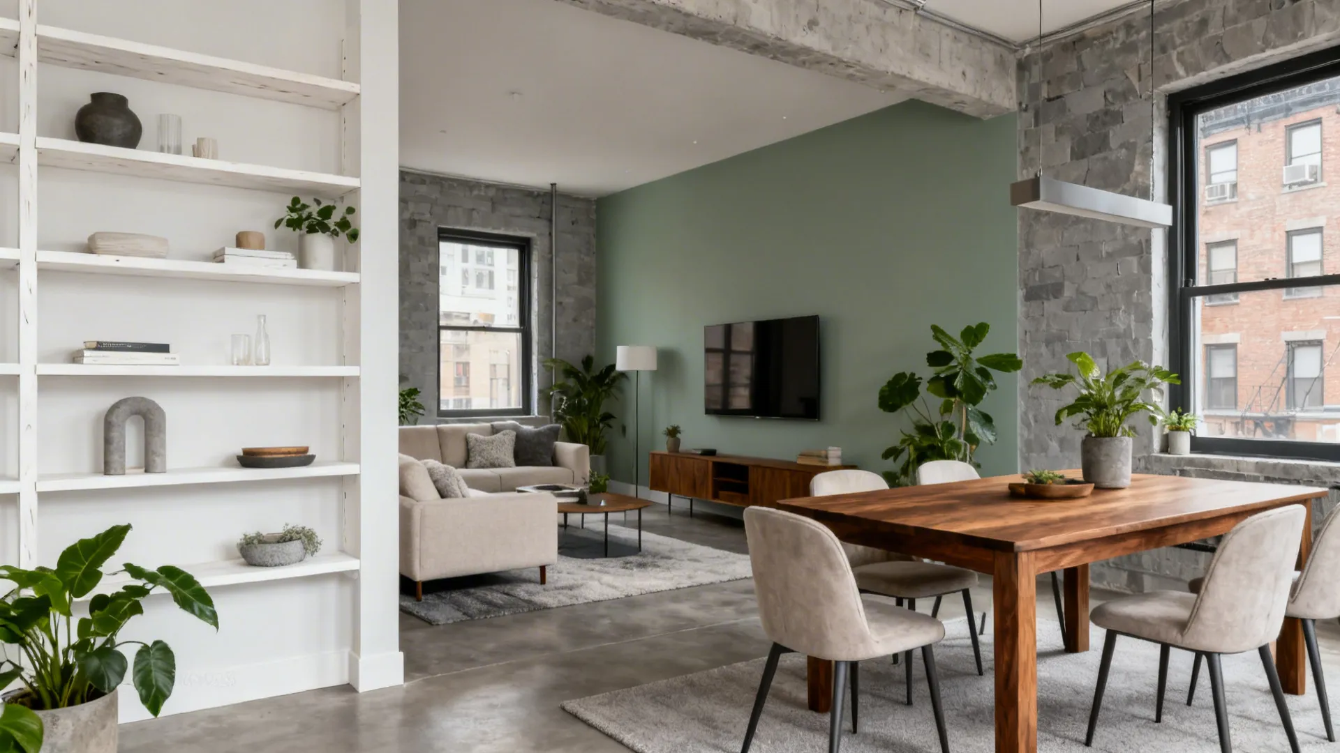 White oak shelving, a walnut table, and a muted sage wall create a warm biophilic open-plan space.