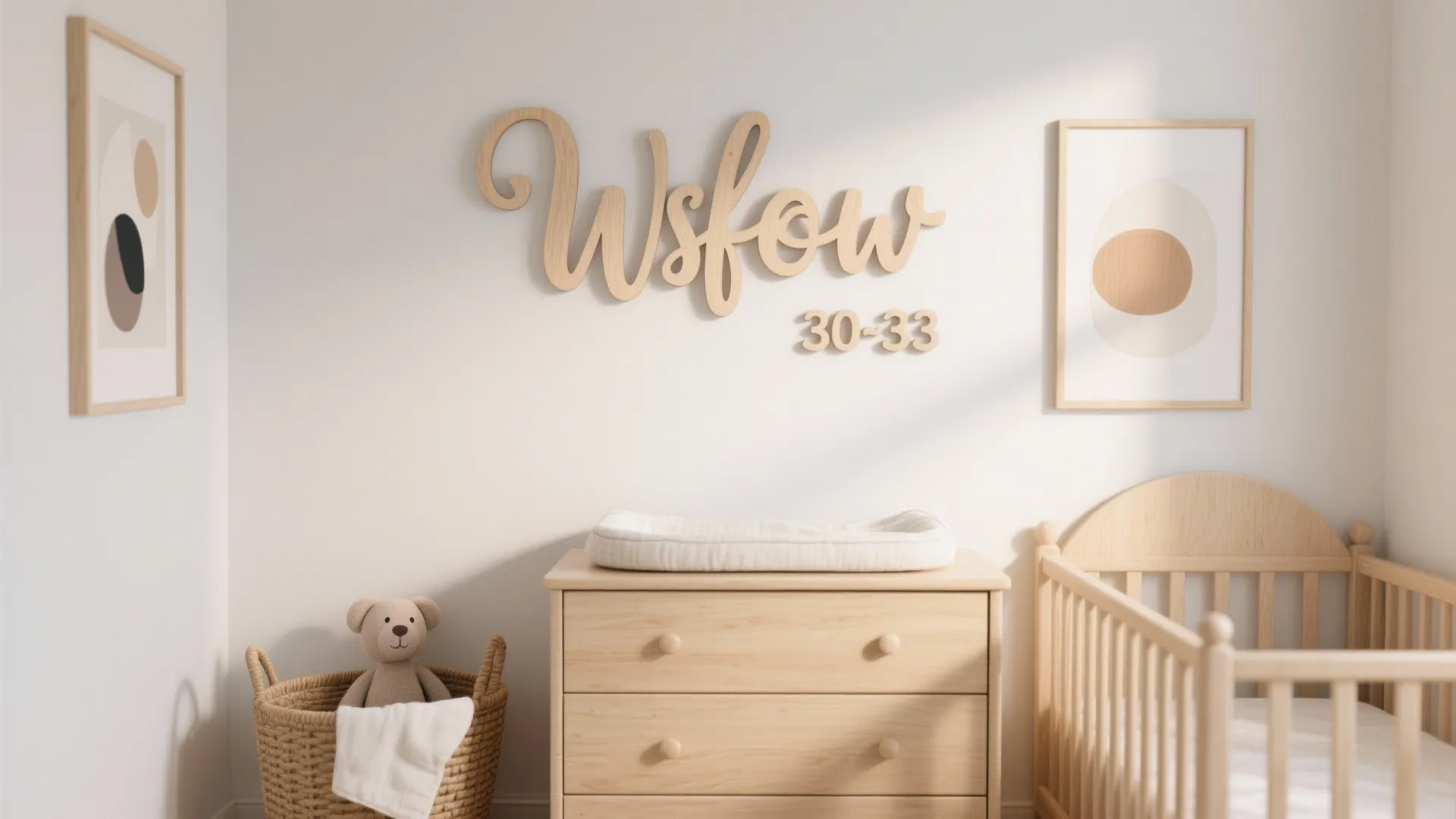 Minimalist birch wood name sign silhouette above a light wood dresser in a small neutral nursery.