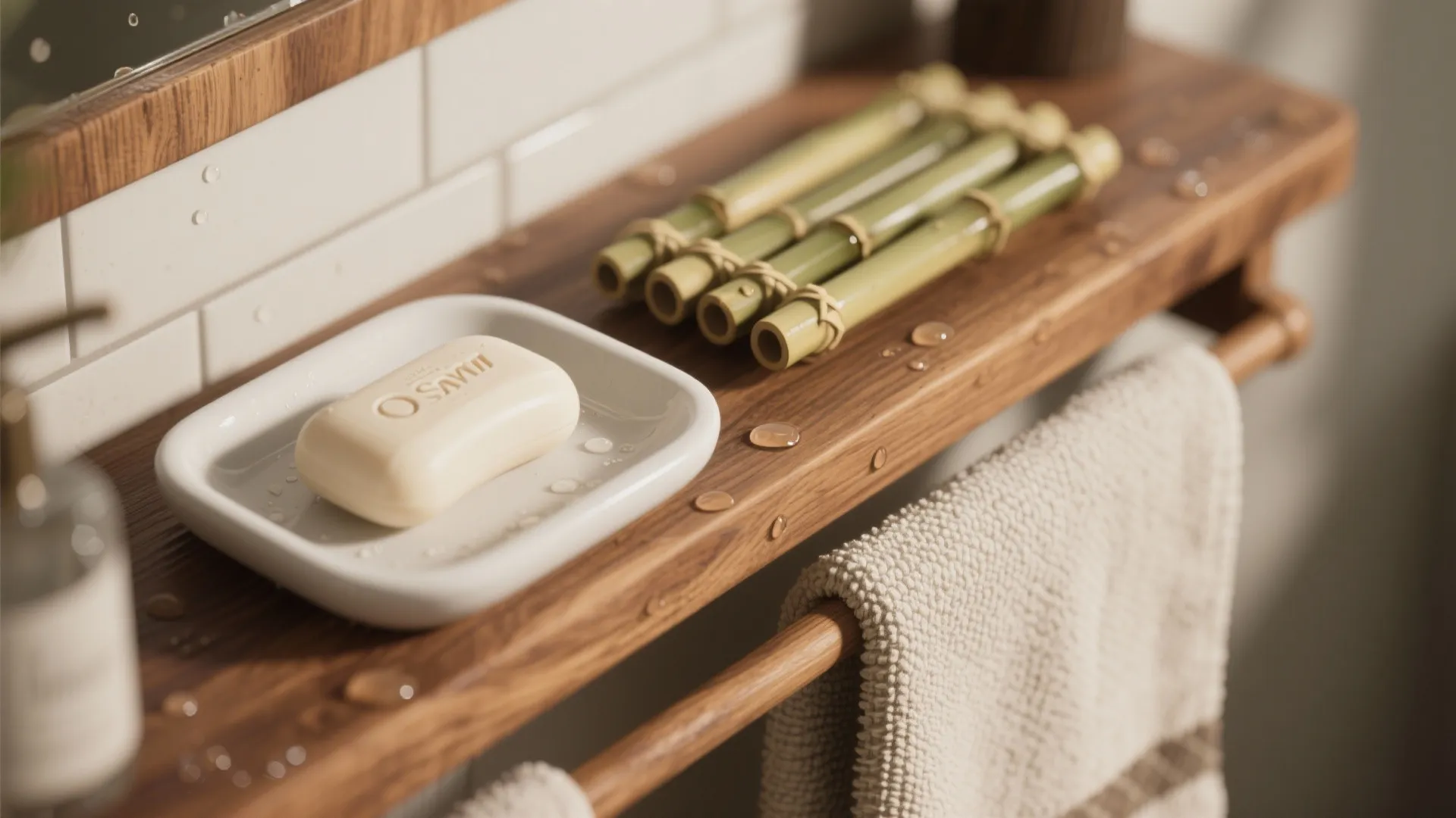 Macro detail of a teak shelf with visible wood grain, water droplets, and bamboo bathroom accessories.
