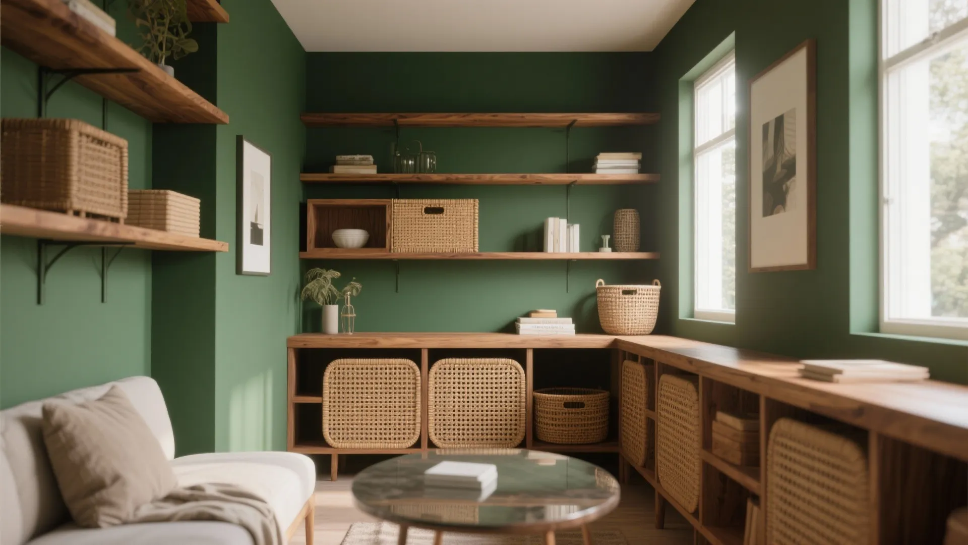 Small living nook with dark green walls, oak shelving, rattan accents and strong natural light for warmth.