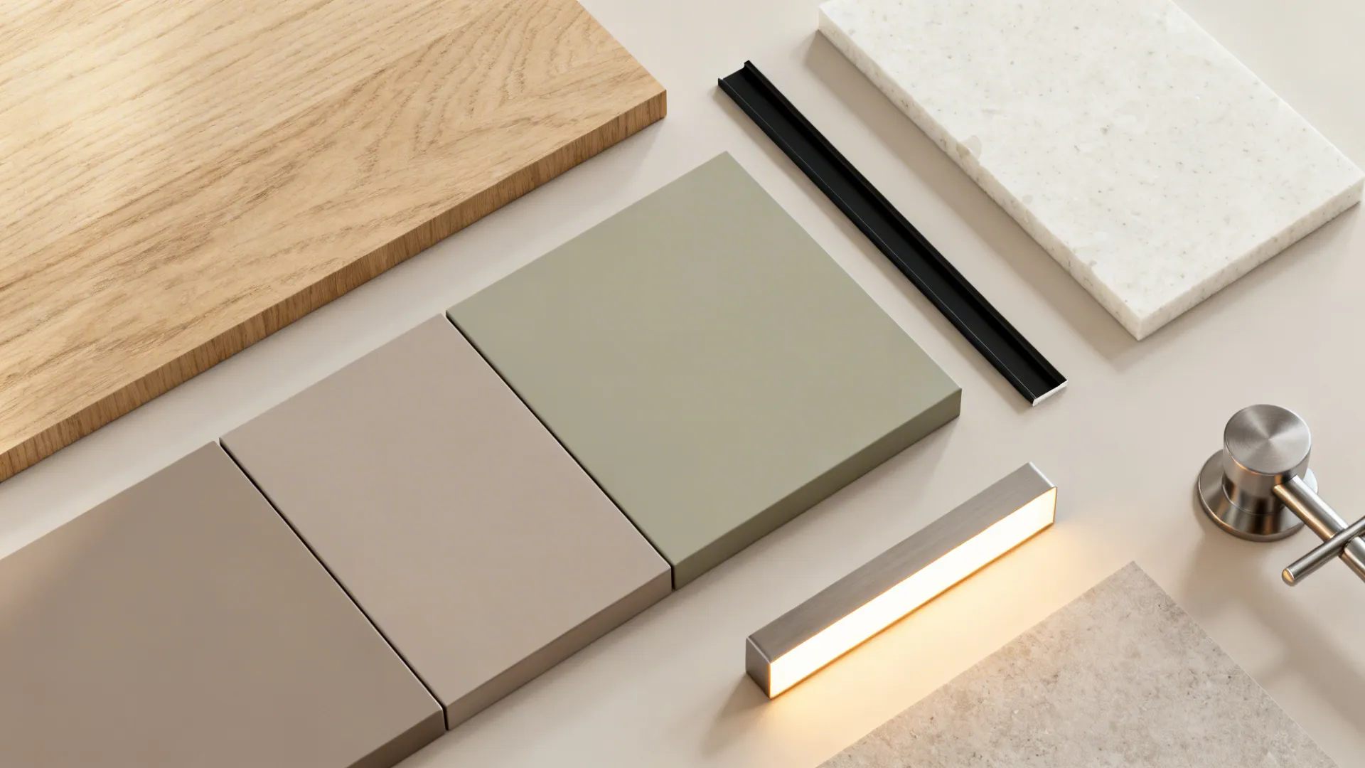 Flat lay of light oak, matte taupe and greige swatches with quartz and black accent strip.