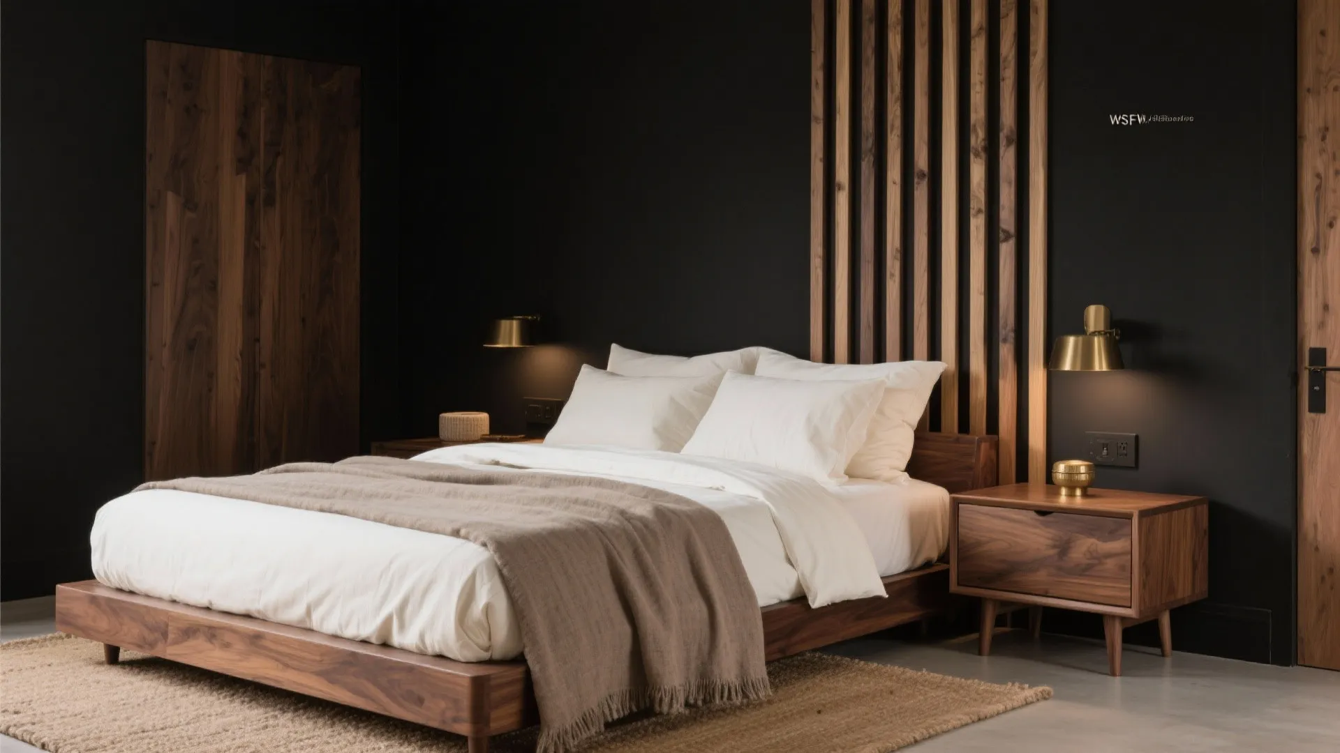 Modern bed with white bedding brown blanket wood wall panel black wall and gold light